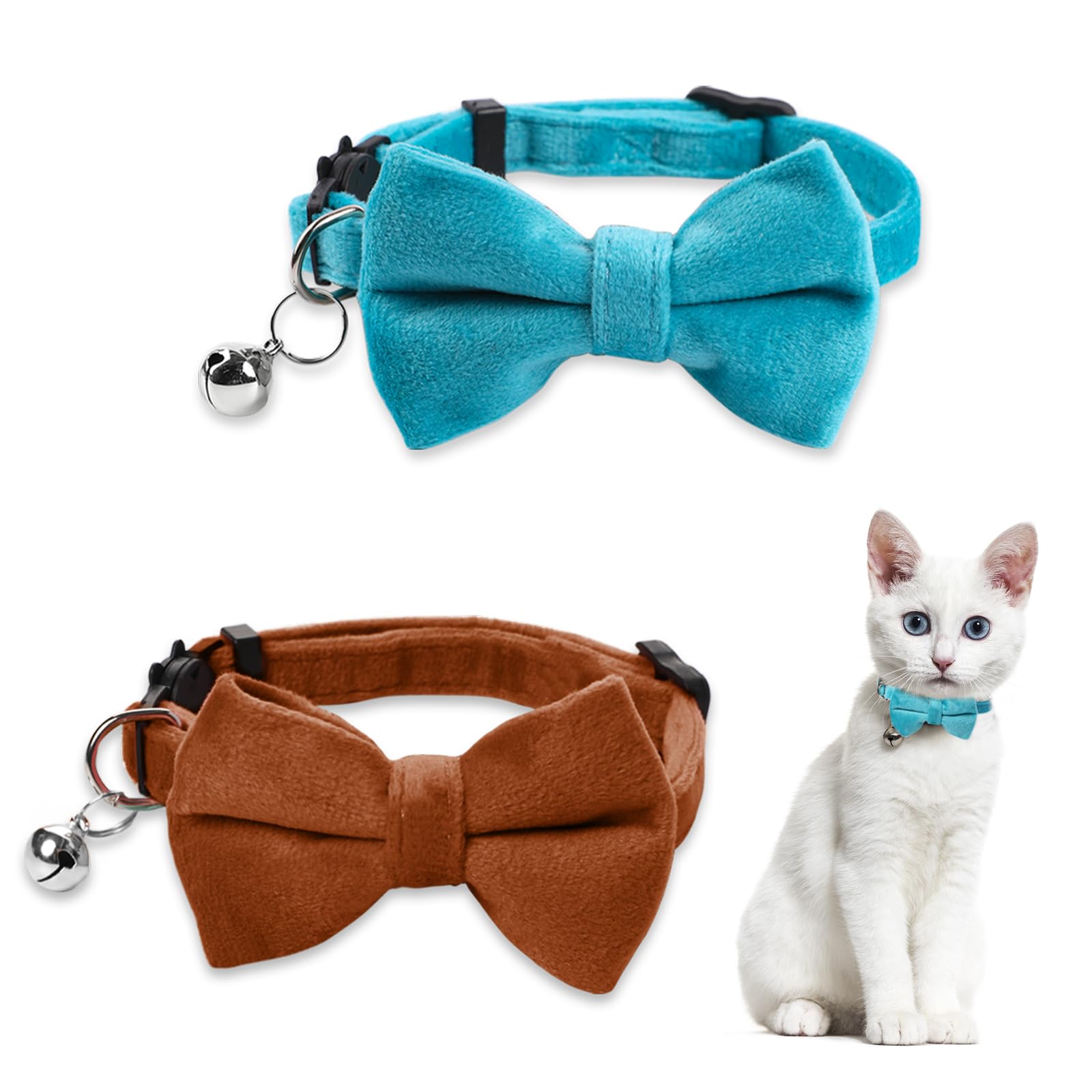 Sliverdew 2 Pcs Adjustable Cat Collar With Bell Kitten Bow Tie Collar Velvet Puppy Collar Breakaway Cat Collars Cute Costume Acc