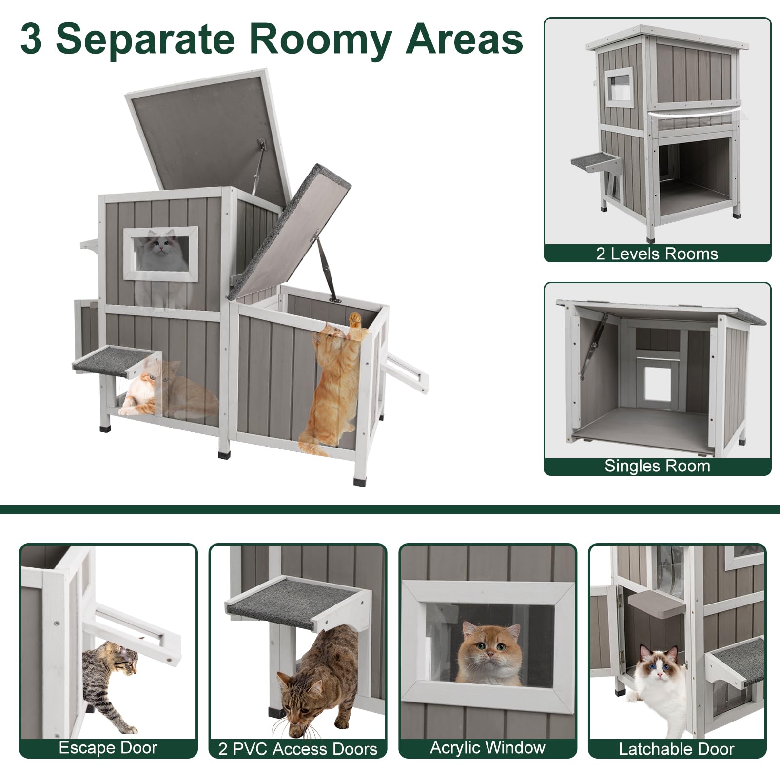 Cat House Outdoor Cat Shelter For 2-3 Feral Cats Two Story Wooden Cat Houses For Outside Cats Weatherproof In 3 Rooms,With Asphl