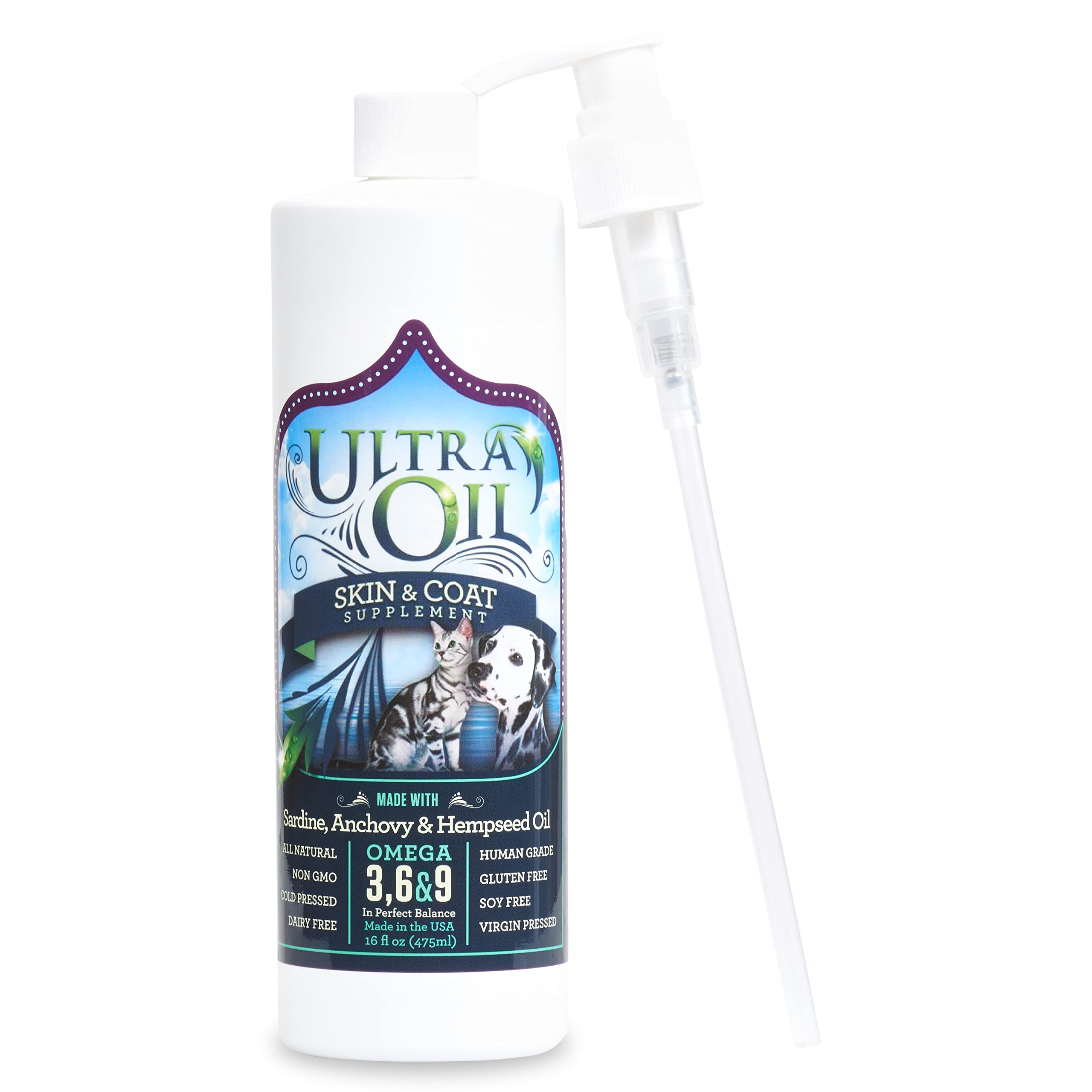 Ultra Oil Skin and Coat Supplement for Dogs and Cats with Hemp Seed, Flaxseed, Grape Seed, and Fish Oils for Relief from Dry Itc