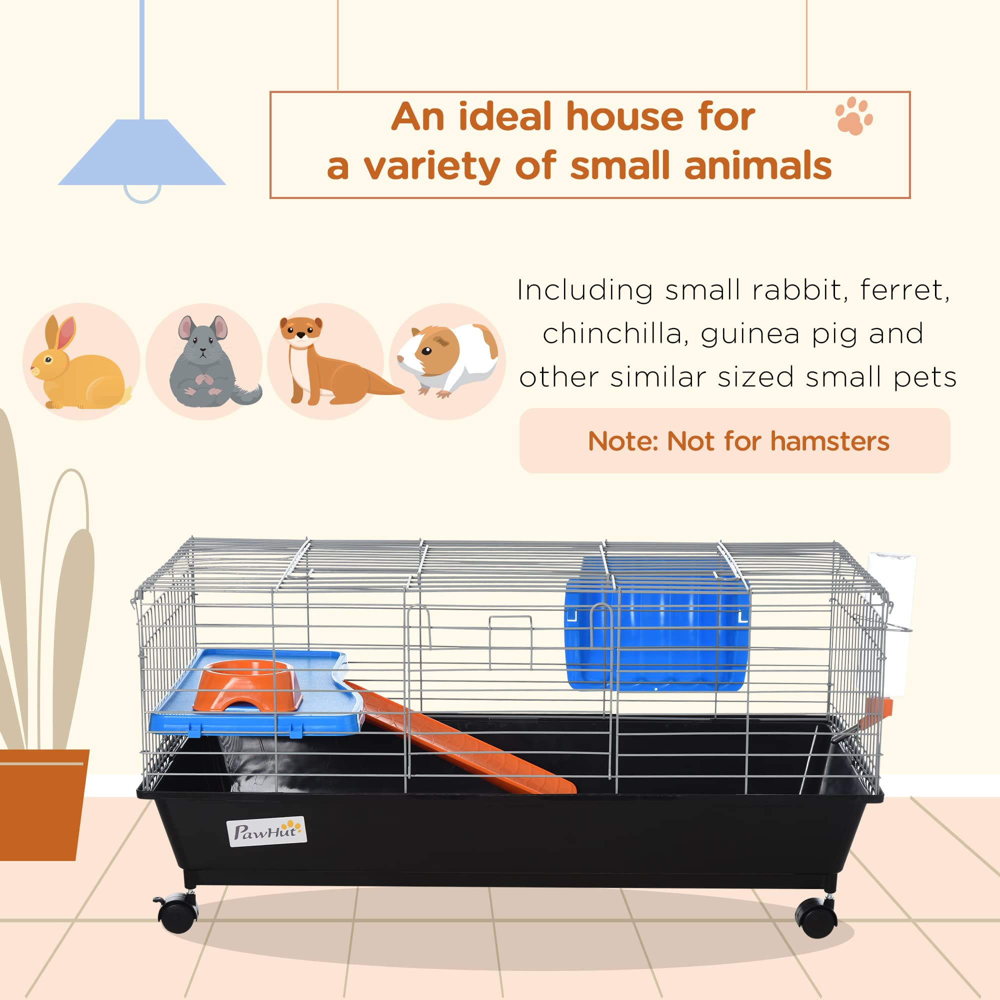 PawHut 35 L Small Animal Cage, Rolling Bunny Cage, Guinea Pig Cage with Food Dish, Water Bottle, Hay Feeder, Platform, Ramp for