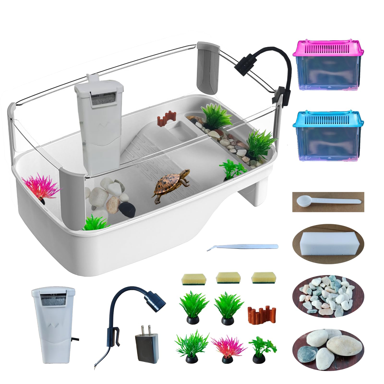 Small Turtle Tank Habitat Kit with Basking Platform, for Turtles, Crayfish, Crab, Aquatic Tortoise Enclosure Starter Aquarium, P