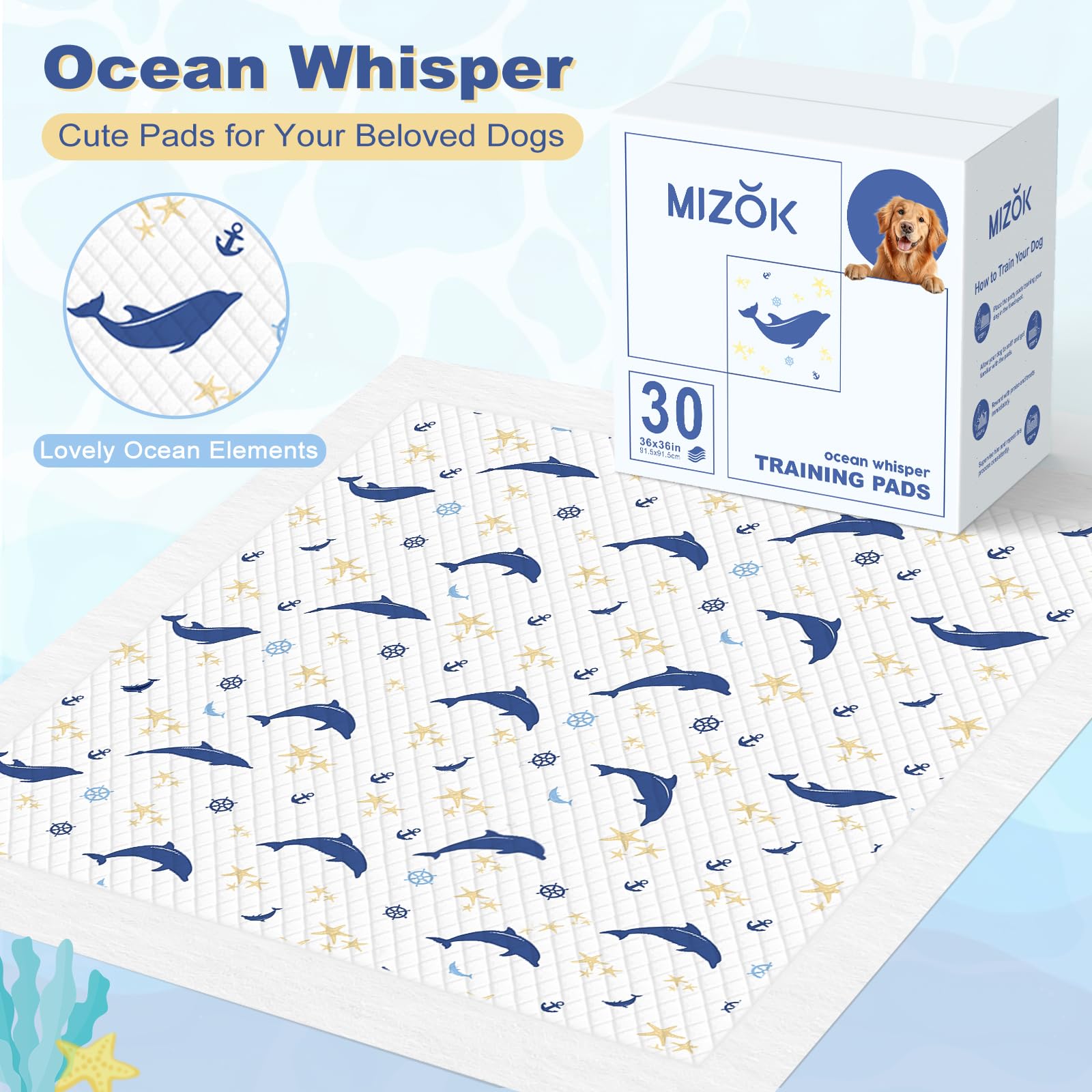 MIZOK 36x36 Puppy Pads, Dog Pads Extra Large with Ocean Whisper Prints, Potty Training Pee Pads for Dogs, Cute Dog Pee Pads Jumb