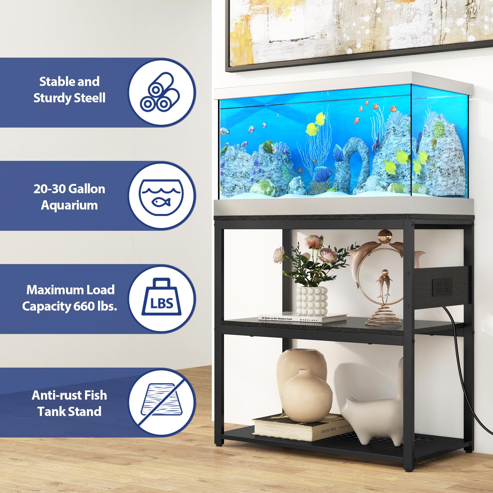 Livofloral 20-29 Gallon Fish Tank Stand with Power Outlets, 3-Tier Metal Aquarium Stand, Breeder Reptile Tank Stand with Shelf f