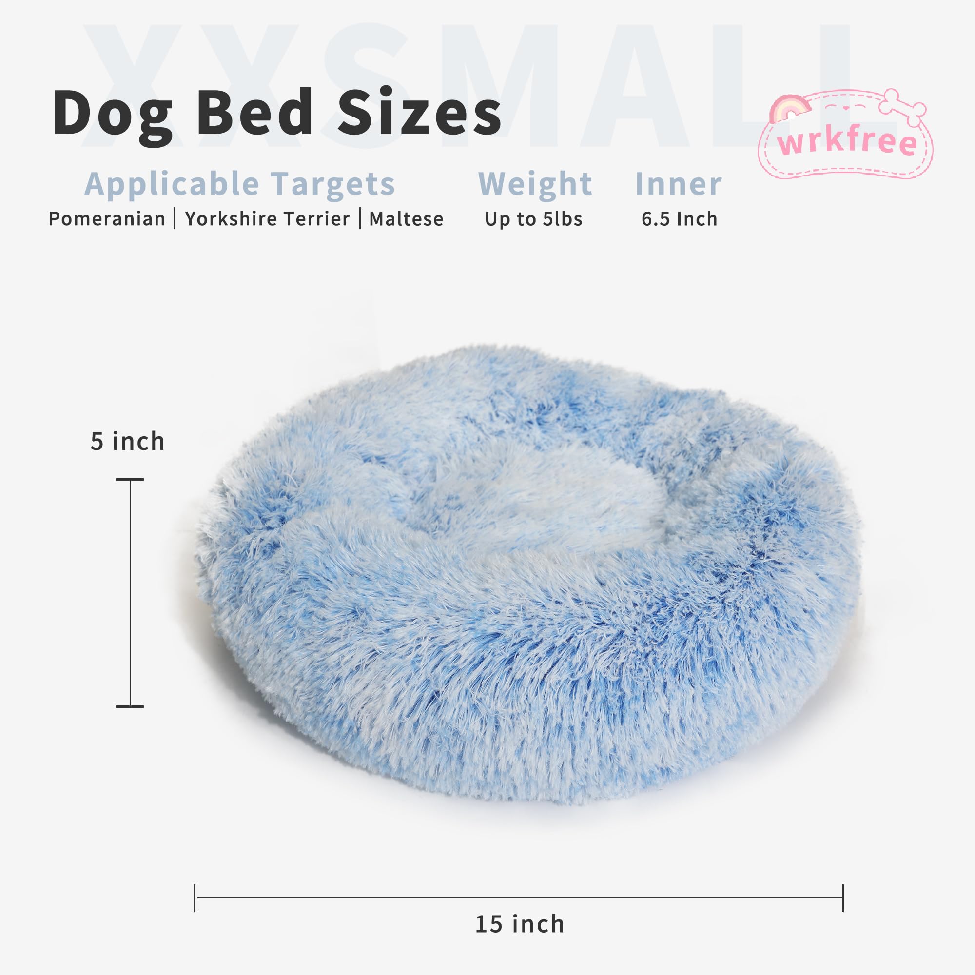 Blue and White Dog Bed Small Washable,Calming Dog Bed for Small Dogs,15 inches Donut Fluffy Pet Beds,Anti Anxiety Round Fits up