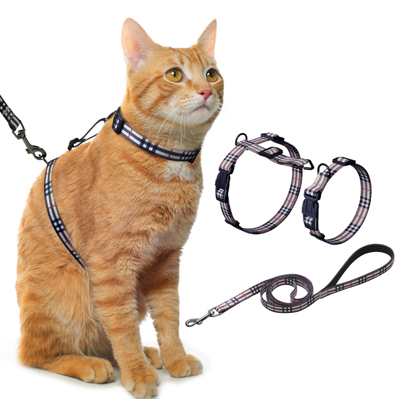Hikiko Cat Harness and Leash Set Escape Proof Adjustable Walking Travel Soft Kitten Harness for Small Medium Large Cats (Khaki P