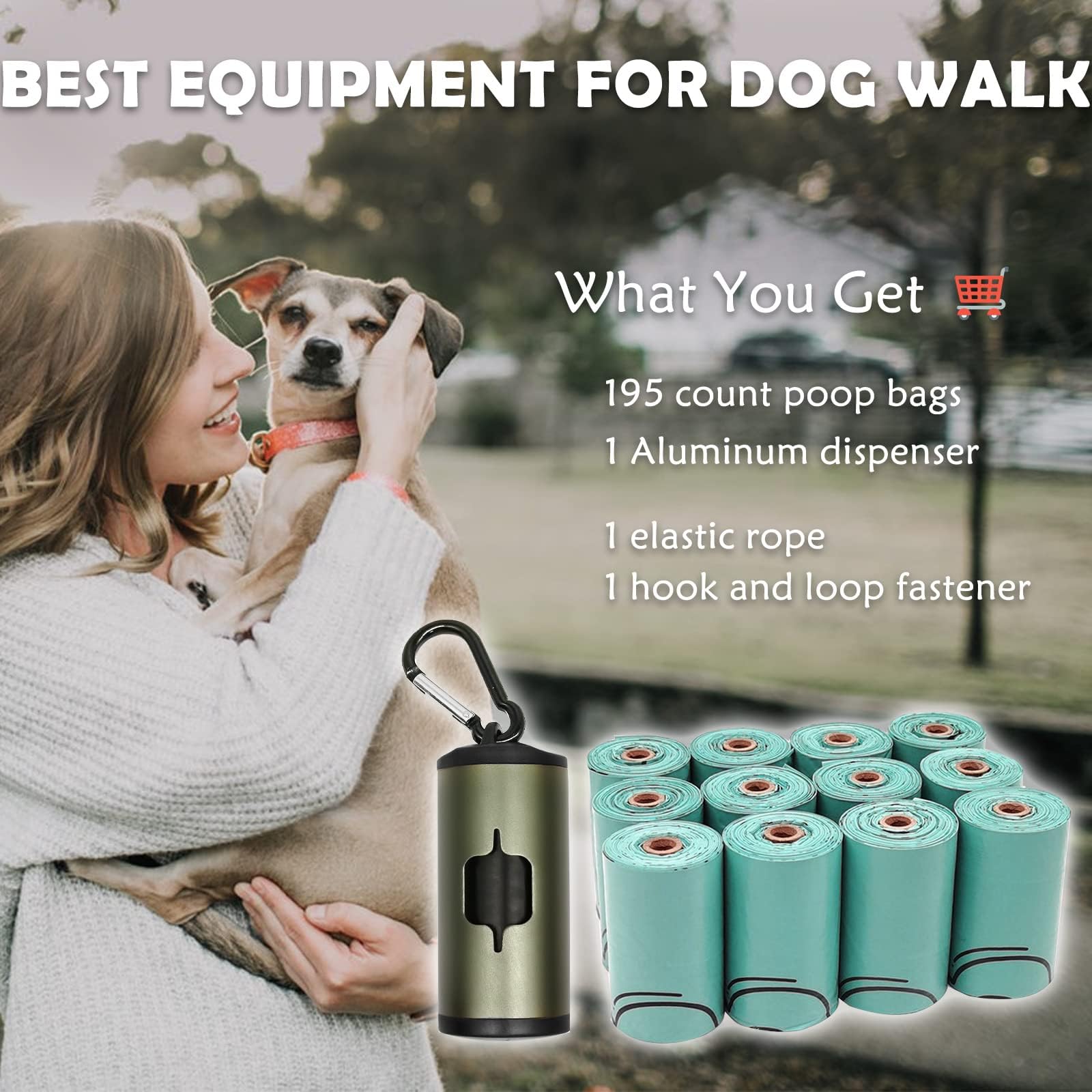 Yuchiya Aluminum Dog Poop Bags Holder With Carabiner Metal Pet Waste Bags Dispenser With Hook And Loop Fastener And Elastic Cord To Carry Used Bags(Olive Green, 1 Holder 195 Bags)