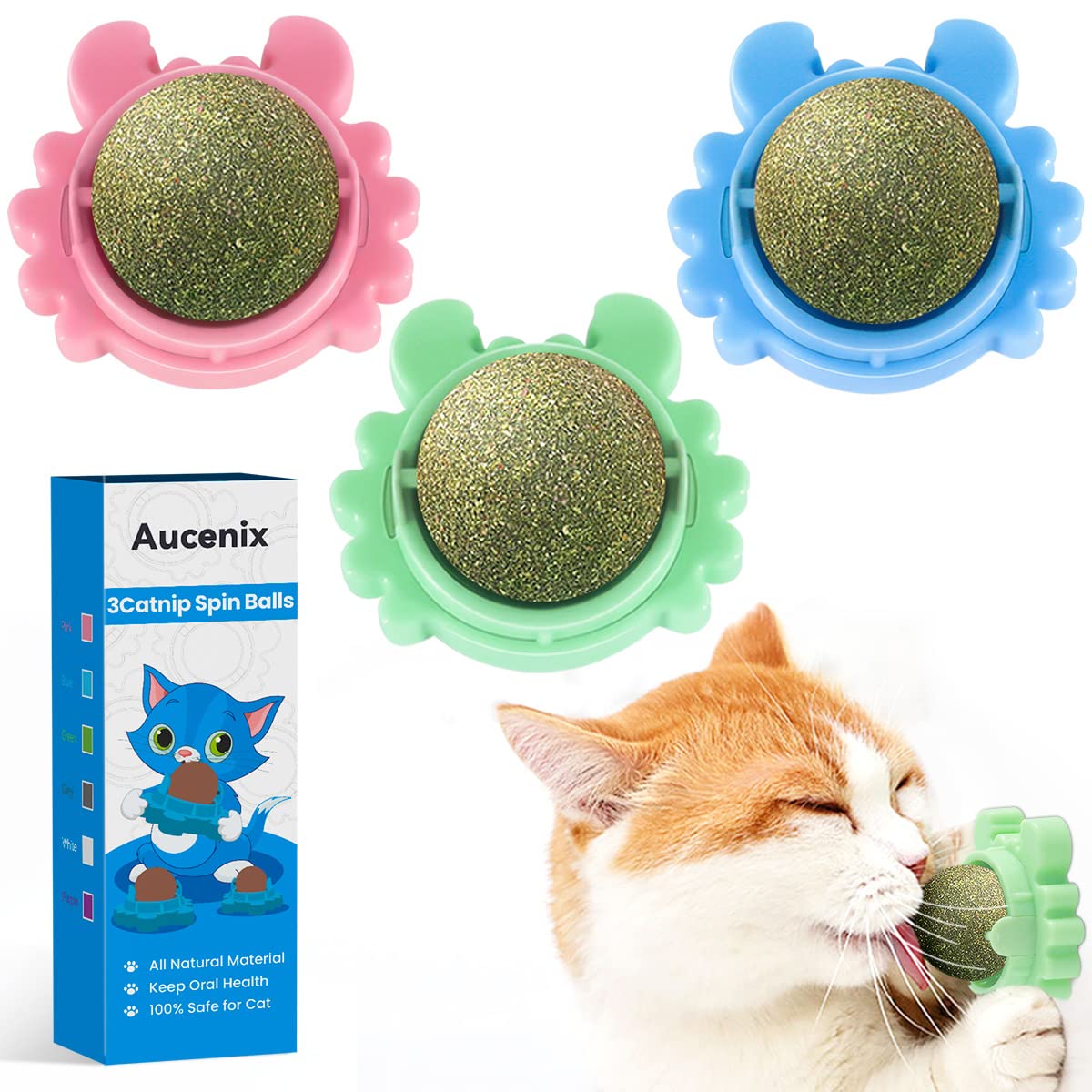 Aucenix Catnip Balls Toy For Cat, Wall Catnip Roller For Cat Licking, Teeth Cleaning Dental Edible Kitten Toy, Natural Rotating Crab Cat Toy (3 Colors)