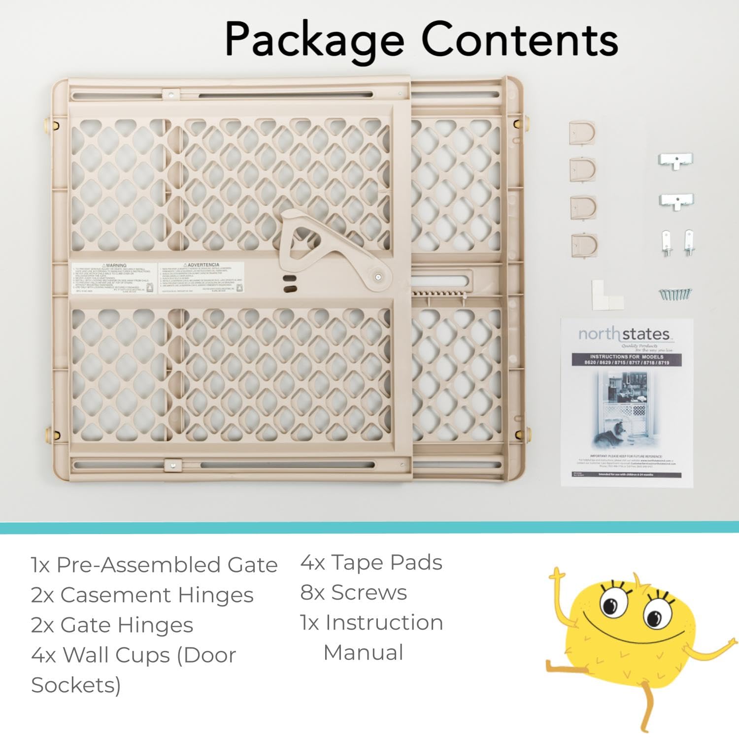 Toddleroo By North States Supergate Ergo Child Gate, Baby Gate For Stairs And Doorways. Includes Wall Cups. Pressure Or Hardware Mount. Made In Usa. (26' Tall, Sand)