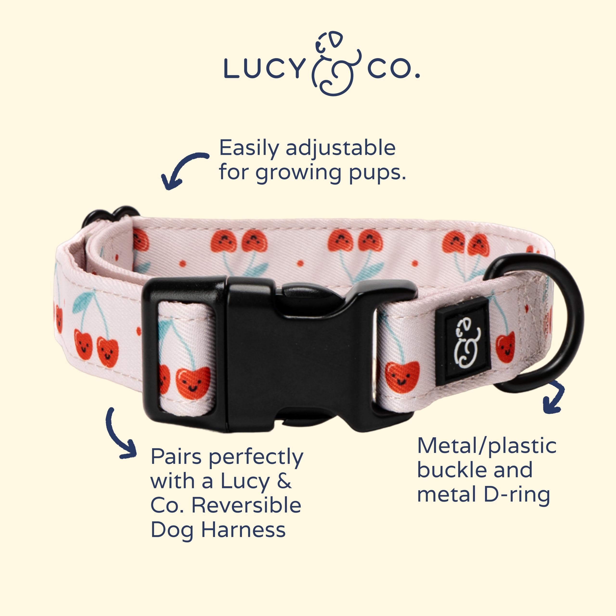 Lucy & Co. Cheery Cherries Dog Collar - Durable Lightweight Designer Collar For Pets - Adjustable Metal Safety Buckel - Red Ging