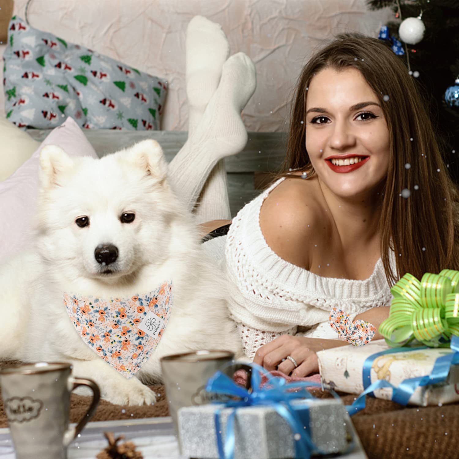 Dog Bandanas & Matching Scrunchie Set Flower Dog Scarf Bibs Girl Pet Bandana With Bow Tie For Medium Large Dogs Owner Mom Gift