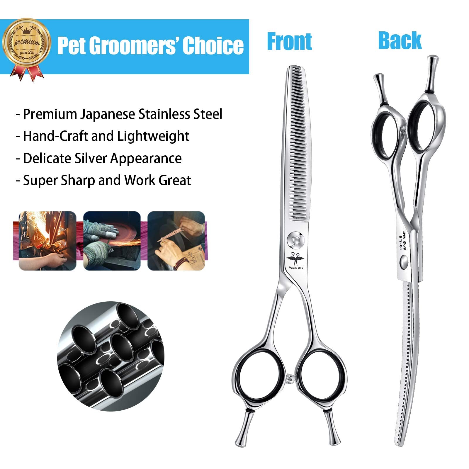 6.5 Inch Downward Curved Dog Grooming Scissors Pet Thinning Texturizing Shears Professional Safety Blunt Tip Trimming Shearing For Dogs Cats Face Paws Limbs Japanese Stainless Steel Silver