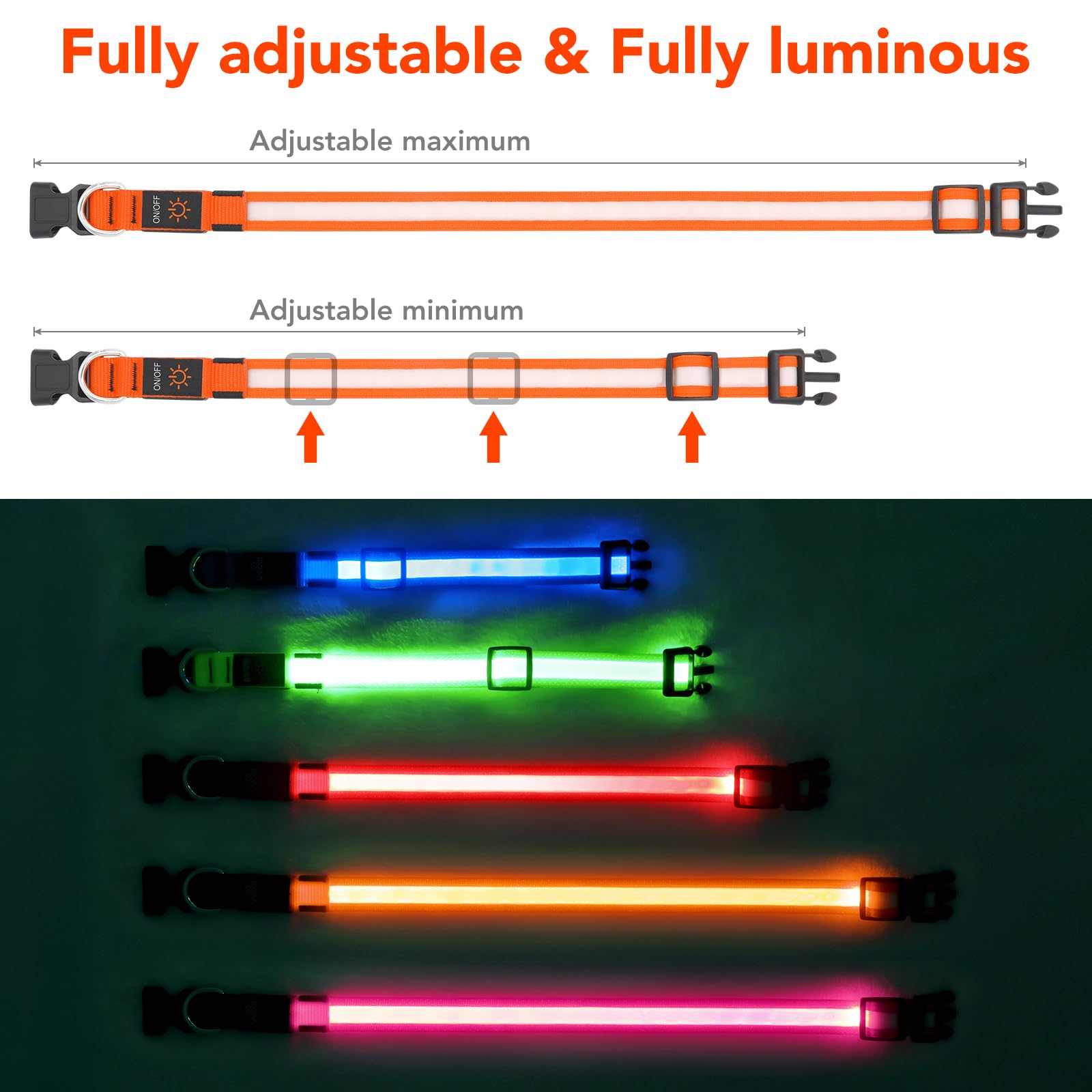 Vizpet Led Dog Collar, Light Up Dog Collar Adjustable Usb Rechargeable Super Bright Safety Light Glowing Collars For Dogs(Medium,Orange)
