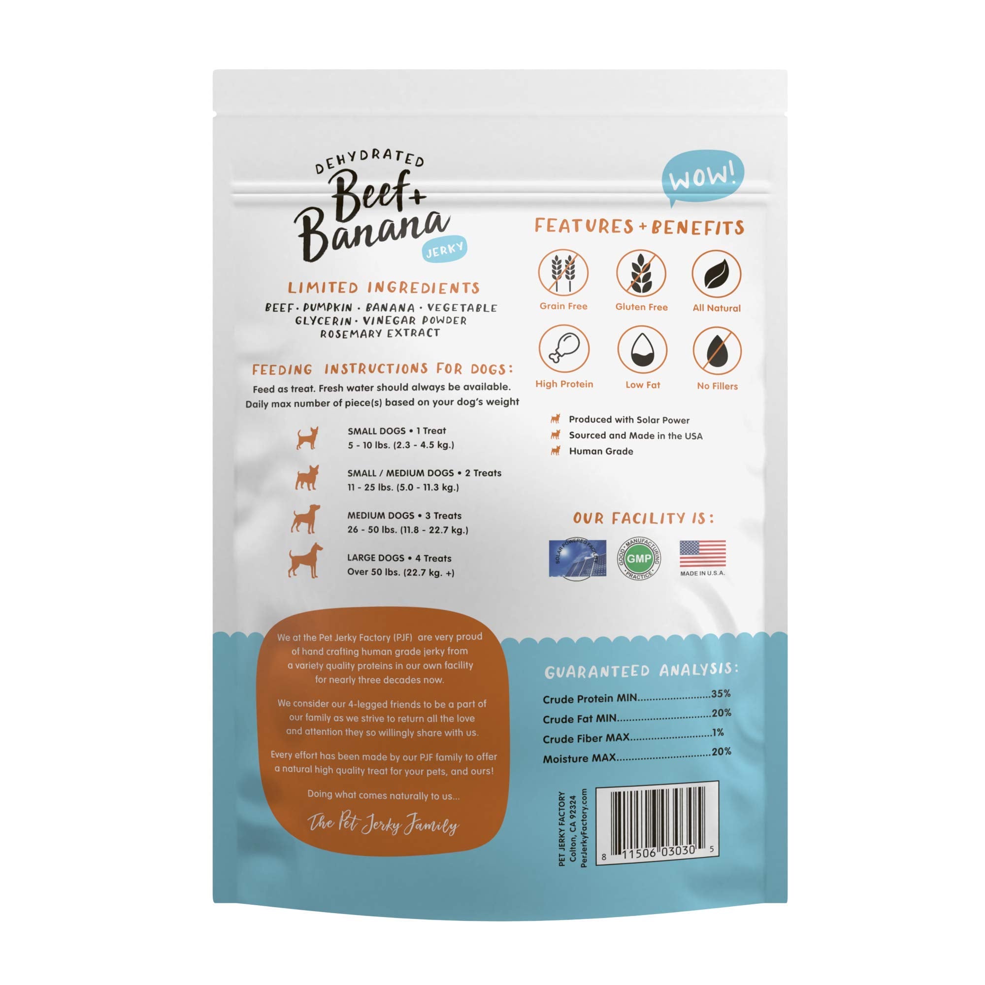 PET JERKY FACTORY Premium Dog Treats, Grain Free Beef & Banana, 5 oz, 100% Human Grade, USA Made