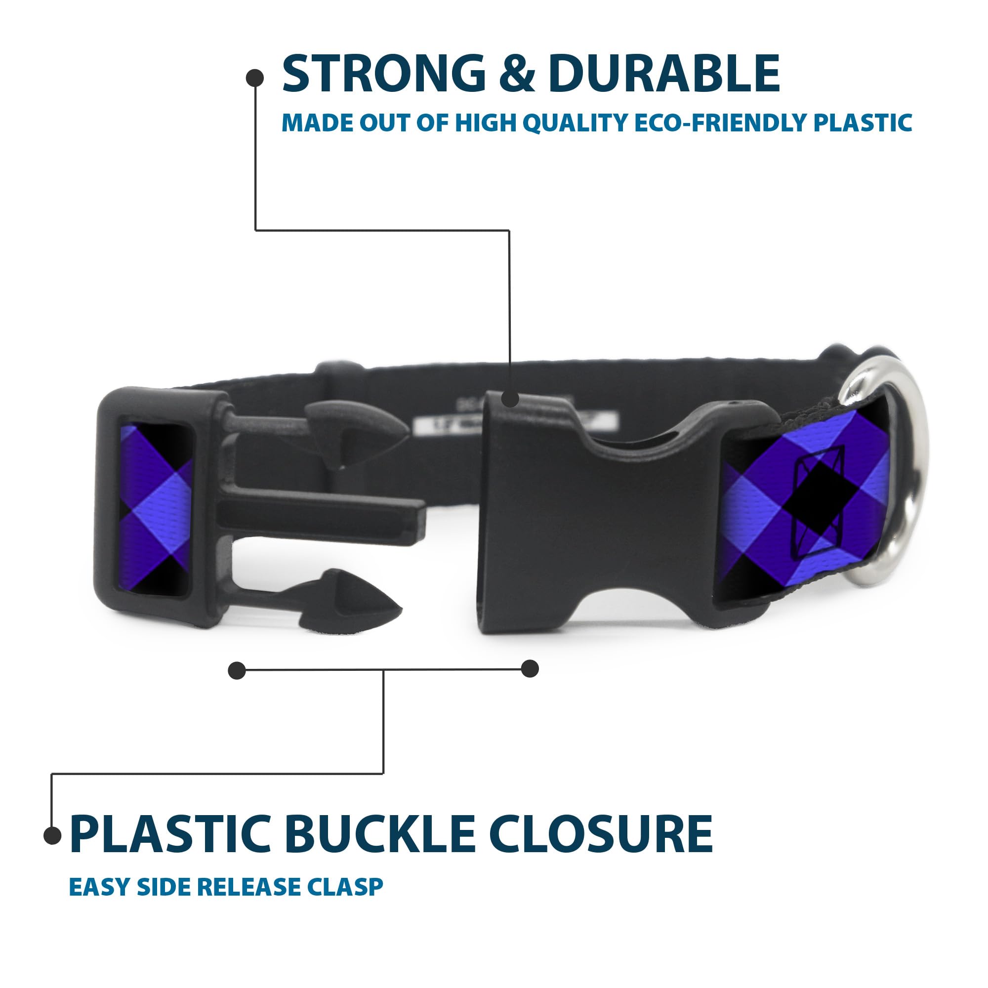 Buckle-Down Plastic Clip Collar - Diagonal Buffalo Plaid Black/Blue - 1/2' Wide - Fits 9-15' Neck - Large