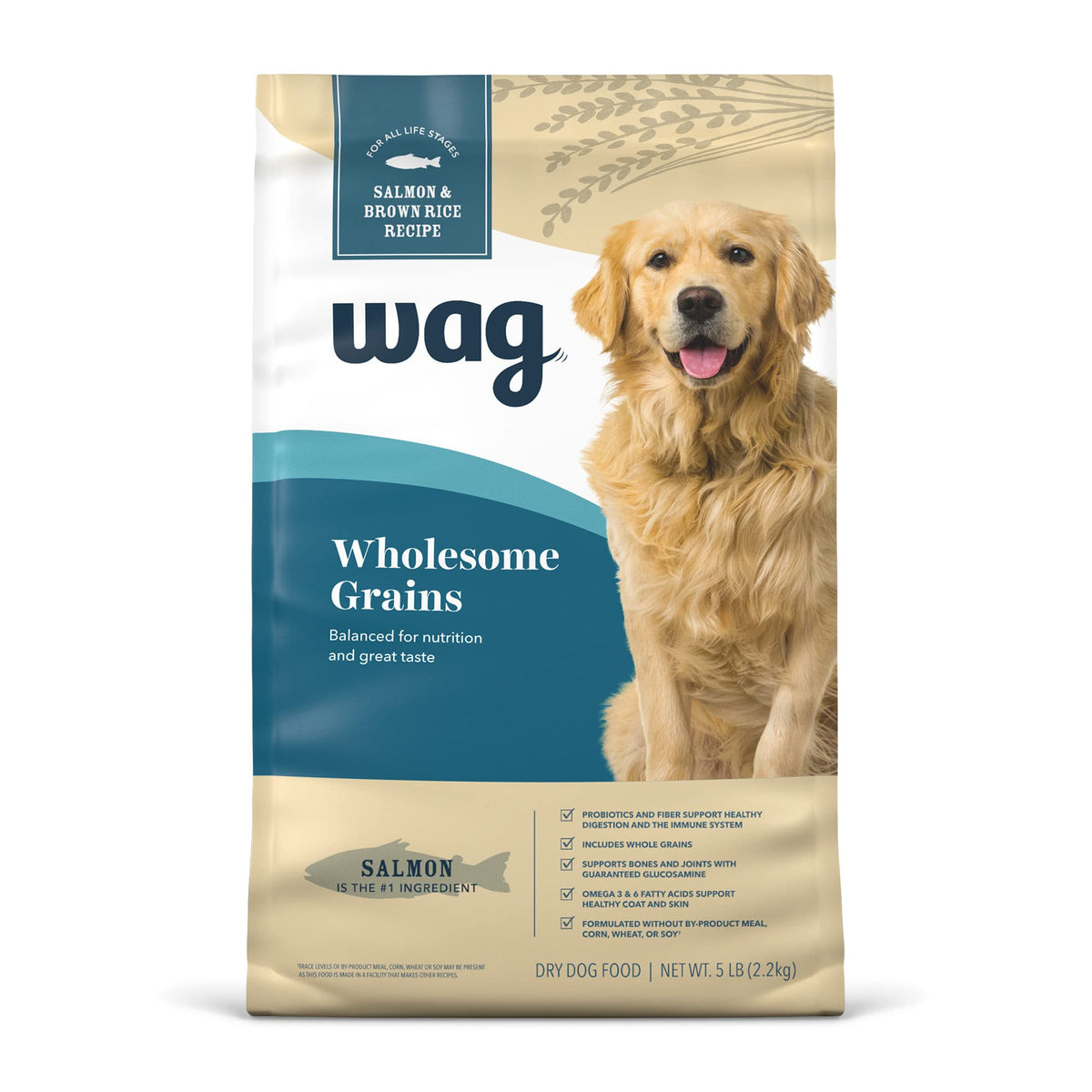 Amazon Brand - Wag Dry Dog Food, Salmon And Brown Rice, 5 Lb Bag (Packaging May Vary)