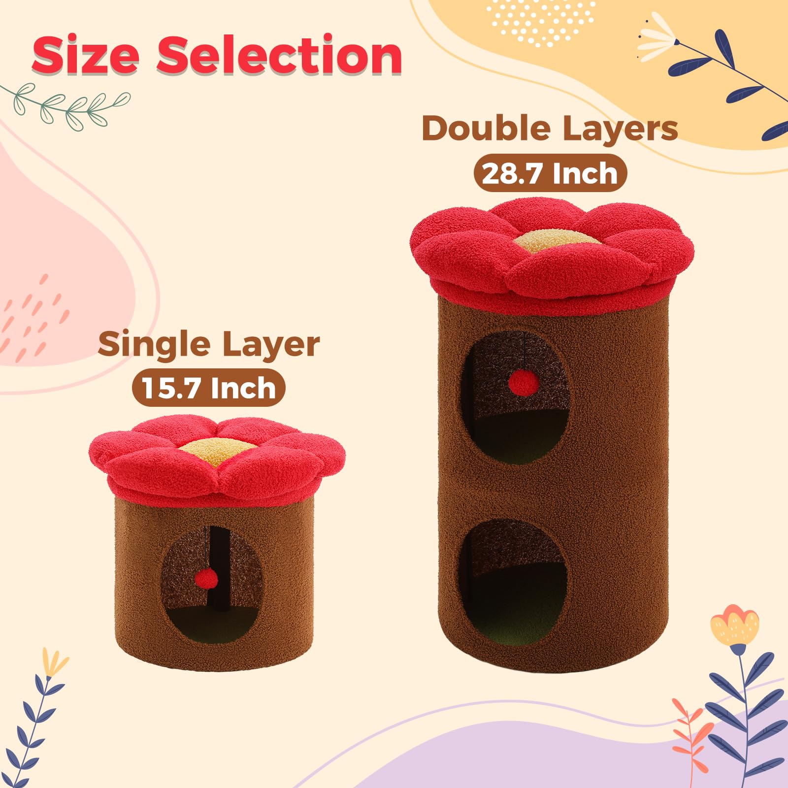 Petepela 2-Level Cat Beds For Indoor Cats, Cat Tree House With Removable Flower Bed, Cute Cats Hideaway, Indoor Cat Tree Condo,