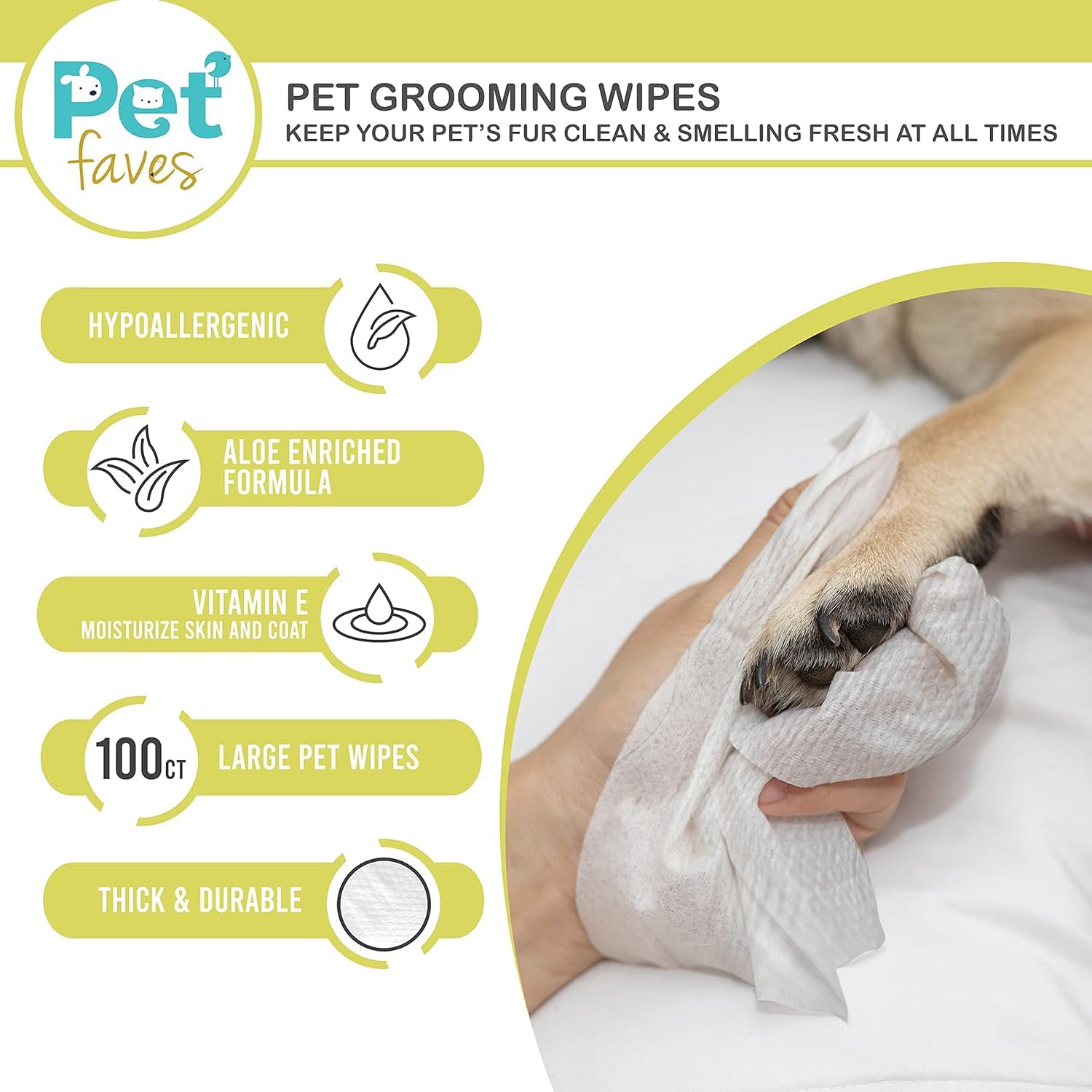 Pet Faves Dog Wipes For Cleaning And Deodorizing | Hypoallergenic Grooming Wipes For Paws And Butt, Clean Face & Body Between Ba