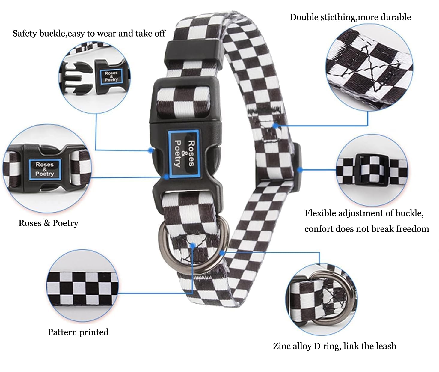 Roses&Poetry Dog Collar with Colourful Checkered Patterns, Adjustable Durable Puppy Collars for Small Medium Large Dogs (Black &