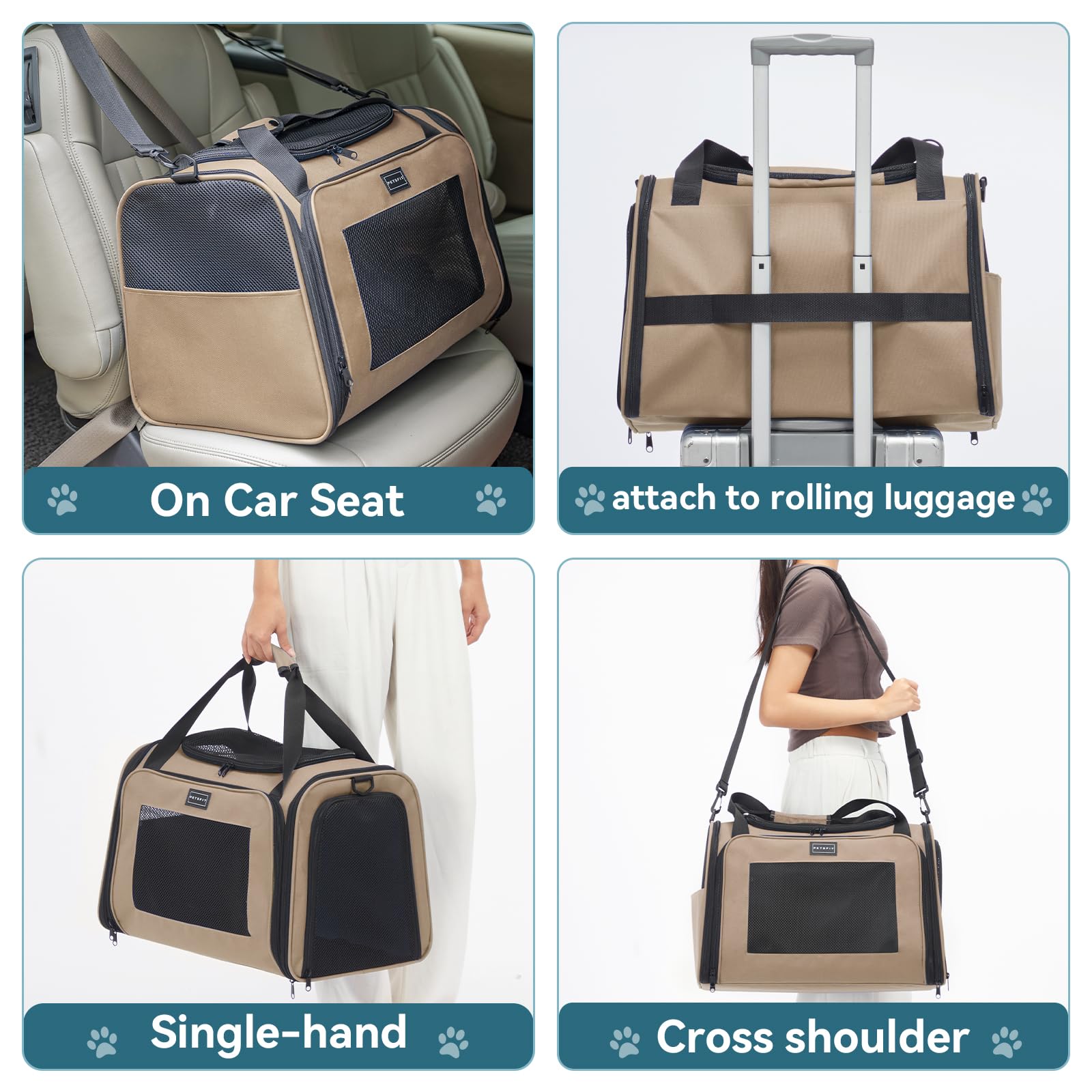 Petsfit Dog Carrier Cat Carriers For Puppies, Medium Cats Up To 25Lbs, Travel Soft Sided Pet Carrier (Large, Khaki)