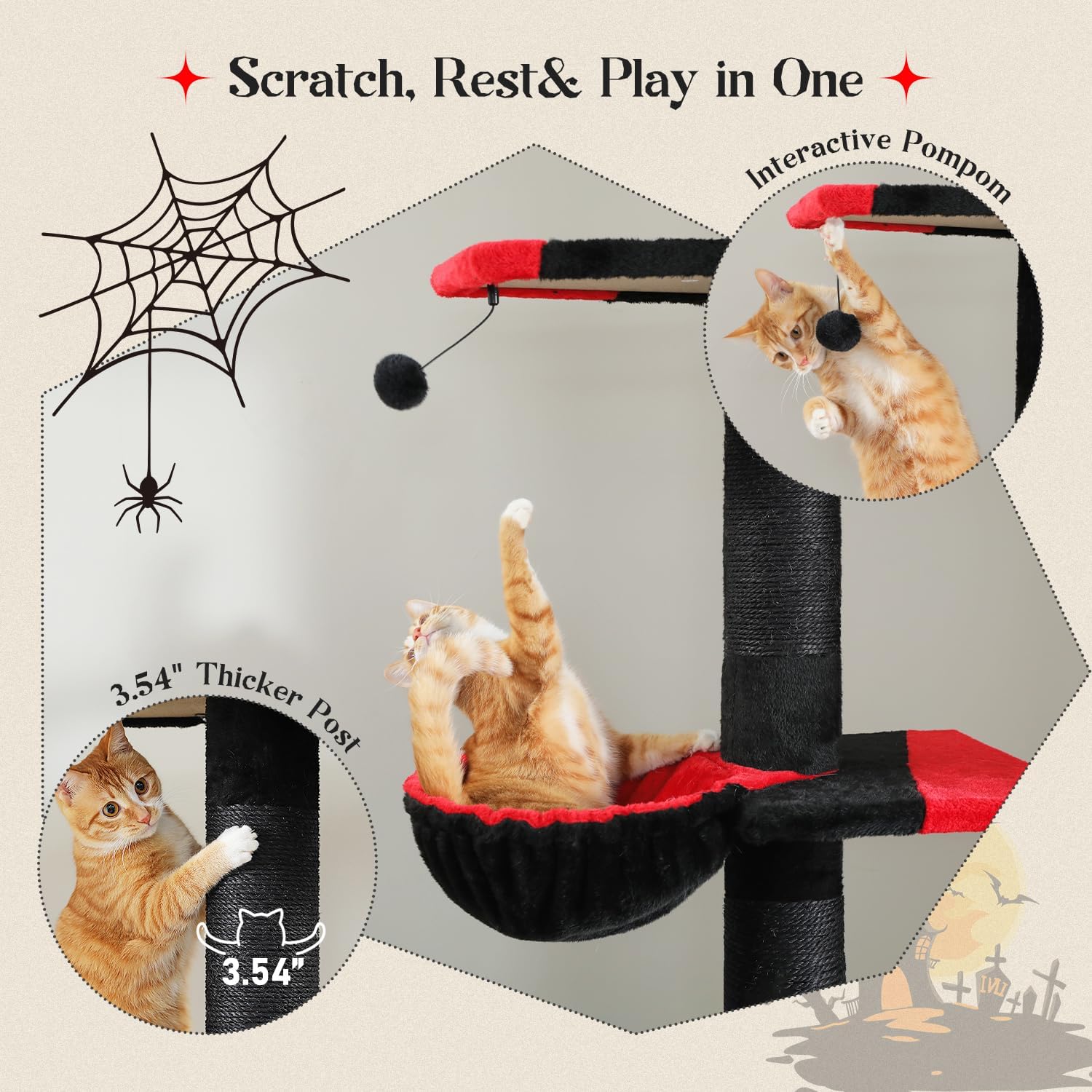Pawz Road Gothic Cat Tree, Floor To Ceiling Cat Tower With Adjustable Height (86.8-120 Inches), 5 Tiers Black Cat Condo With Coz