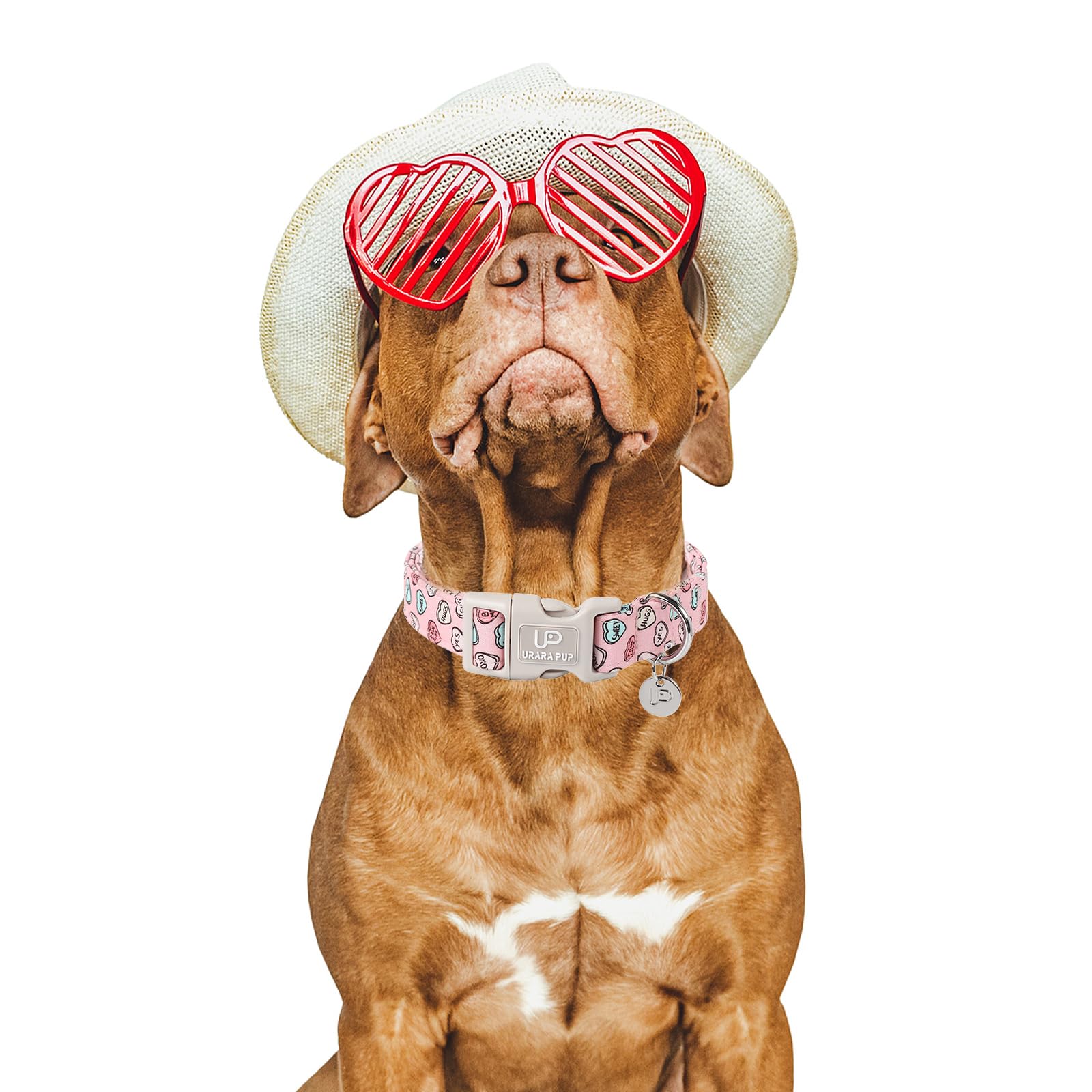 Up Urara Pup Pink Heart Dog Collar, Valentine'S Gift For Puppy, Small To Extra Large Dogs, Cotton, Unique Craftsmanship Design,