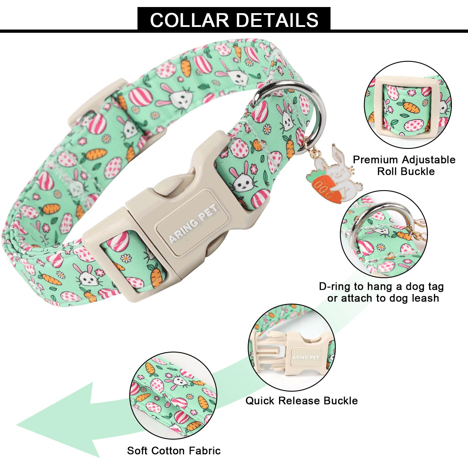 Aring Pet Easter Dog Collar-Cute Easter Eggs Dog Collar, Adjustable Rabbit&Carrot Print Pet Collars Puppy Collar With Quick Rele