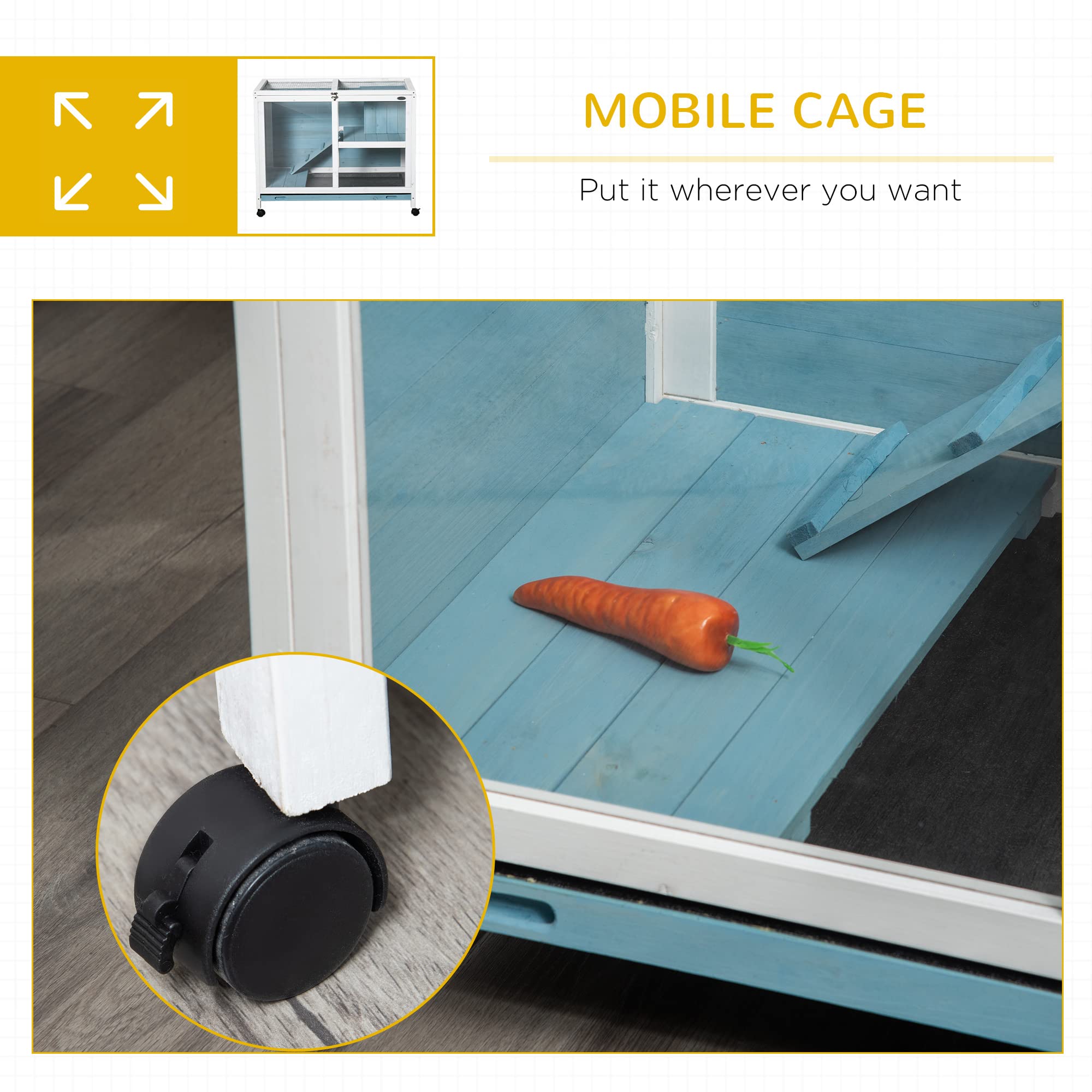 Pawhut Indoor Rabbit Hutch With Wheels, Desk And Side Table Sized, Wood Rabbit Cage, Waterproof Small Rabbit Cage, Light Blue