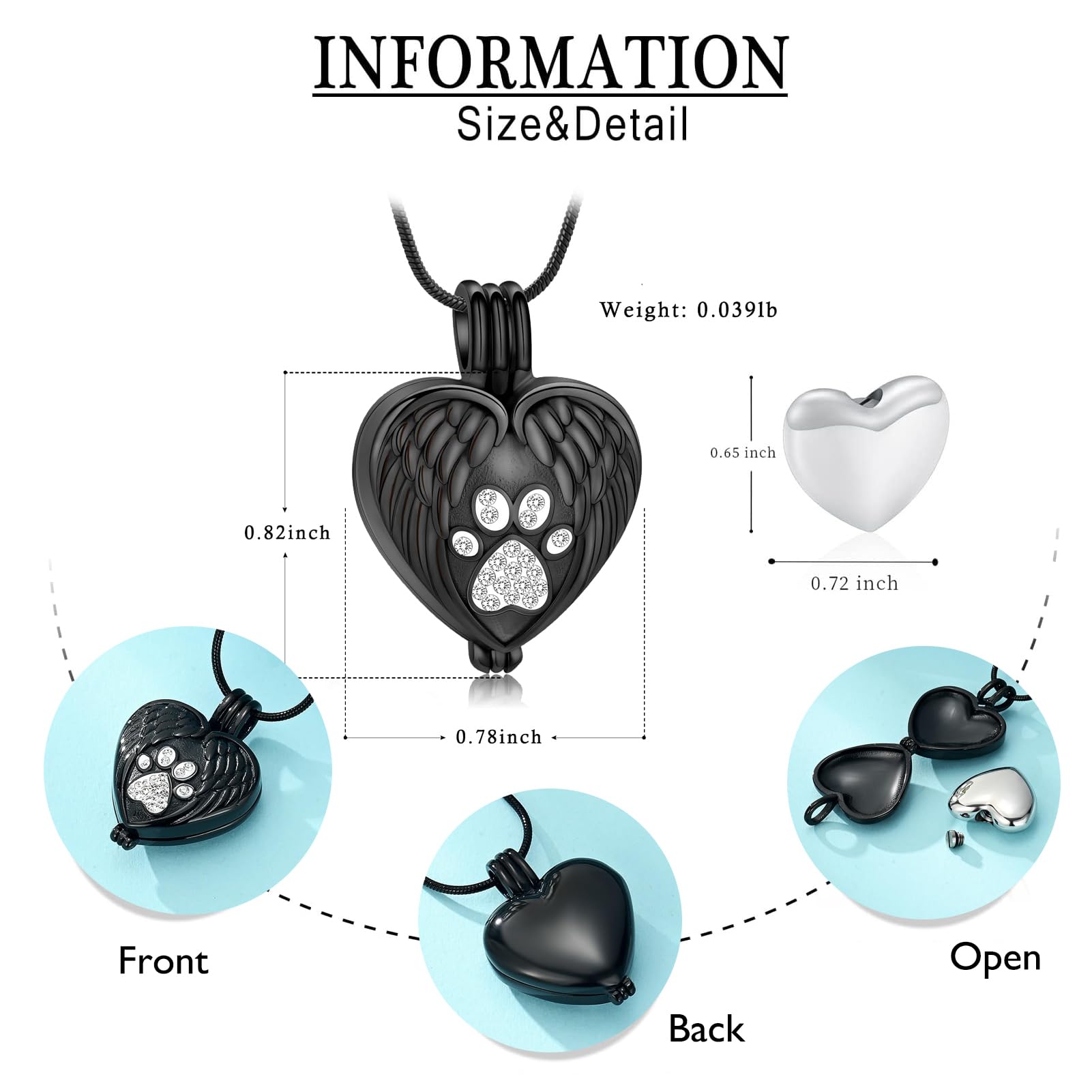 Zeqingjw Paw Print Heart Urn Necklace for Ashes - Memorial Keepsake Jewelry for Dogs and Cats, Wing Heart-Black, Model ZE-1Q8455-1-B