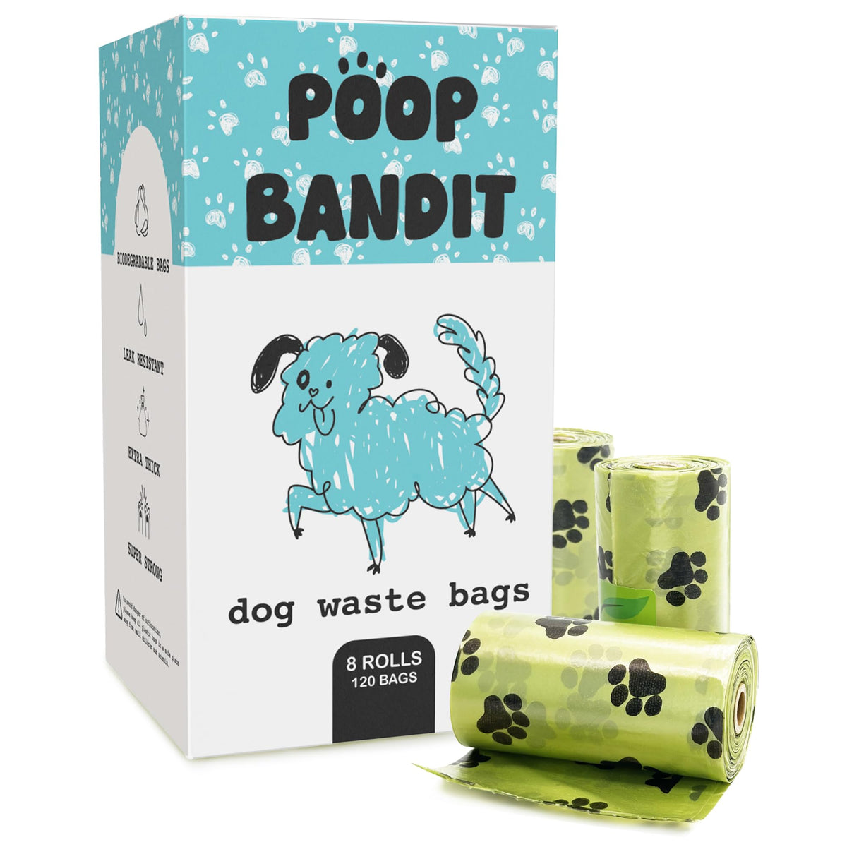 Poop Bandit Biodegradable Dog Poop Bags - Leak-Proof, Extra Thick & Eco-Friendly, 120 Unscented Bags, Strong & Tear-Resistant Wa