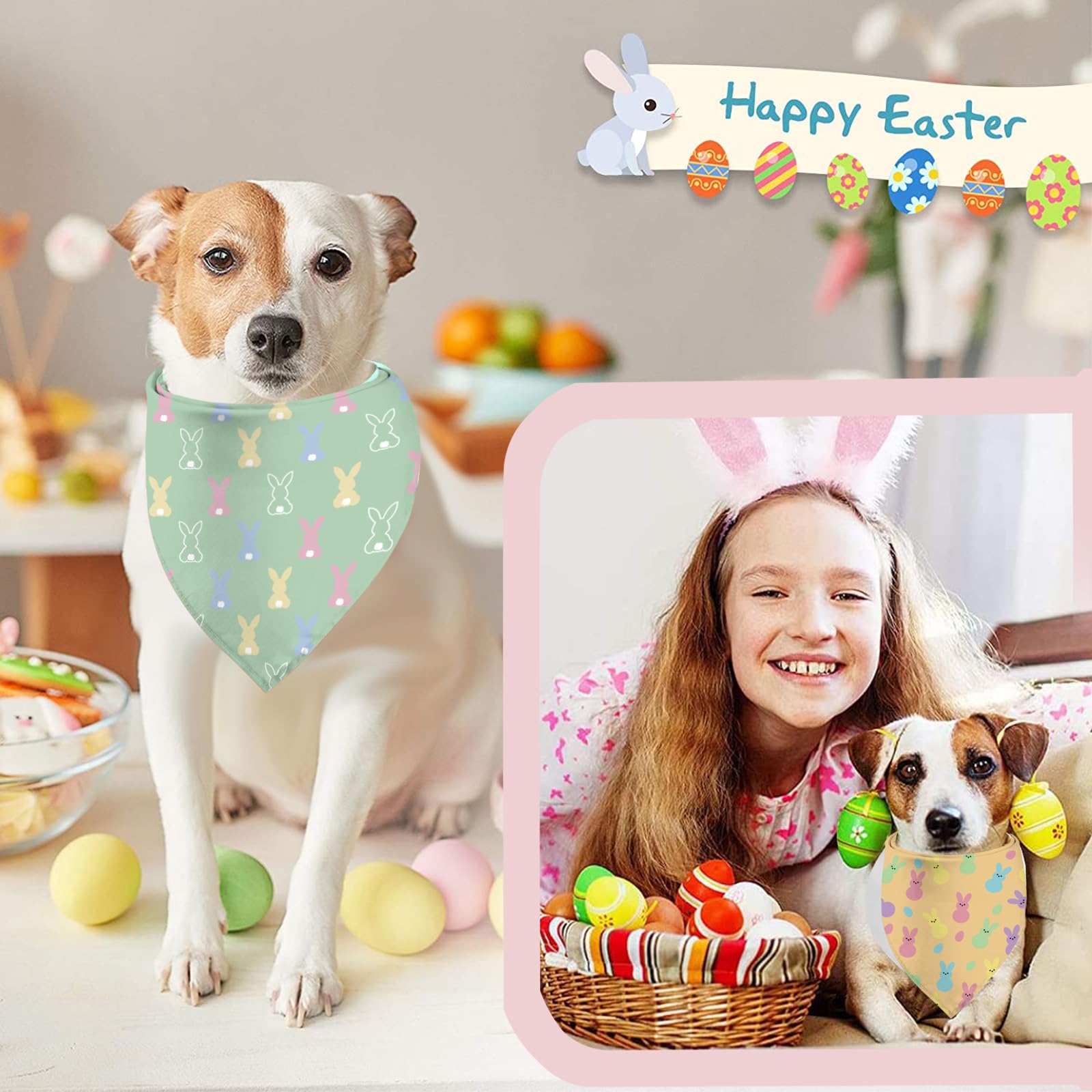 Easter Dog Bandanas Puppy Scarf - Easter Bunny Peeps Dog Outfits - 2 Pcs Adjustable Triangle Double-Layer Reversible Pet Bandana