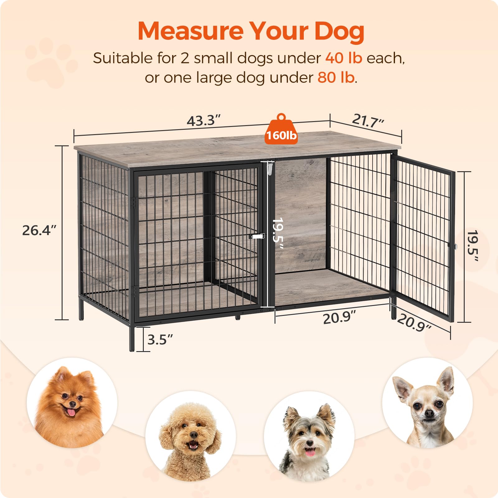 MAHANCRIS Dog Crate Furniture for 2 Dogs, 43.3 Dog Kennel with Removable Divider, Heavy Duty Wooden Dog Kennel for Small Medium