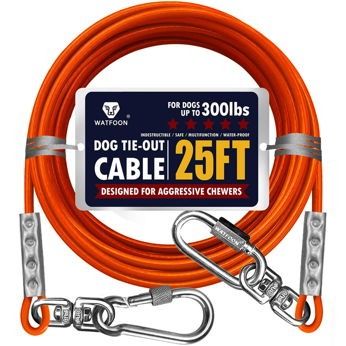 Tie Out Cable For Dogs Up To 300Lbs,100Ft Extra Strong 1000Lbs Break Strength Tie-Out Tether Trolley Training Lead,Dog Run Cable For Yard Garden Park Camping Outside (Orange, 300Lbs 25Ft)