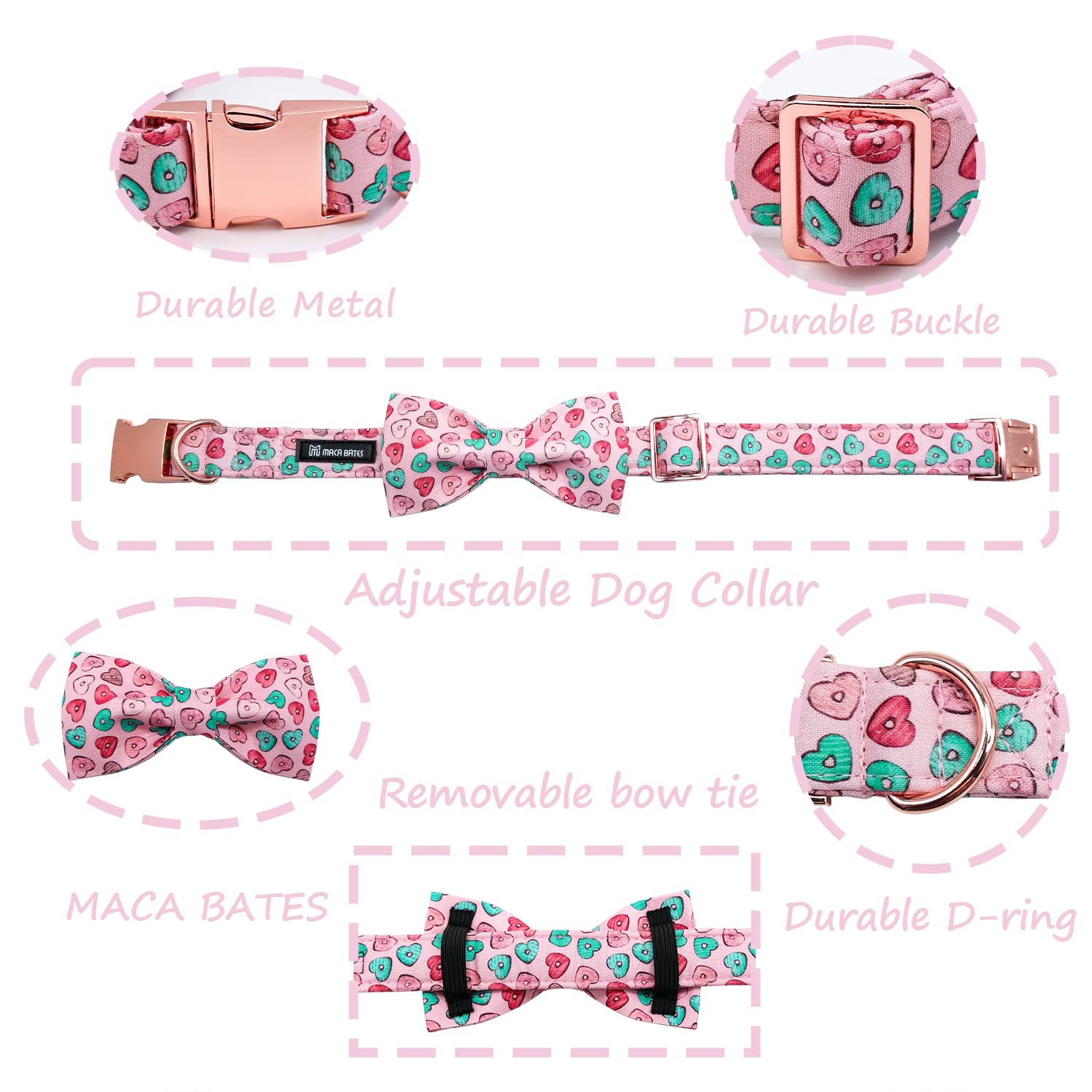 MACA Bates Valentines Dog Collar with Bow Flower Bow tie, Sweet Heart Adjustable Collars for Small Medium Large Dogs with Metal