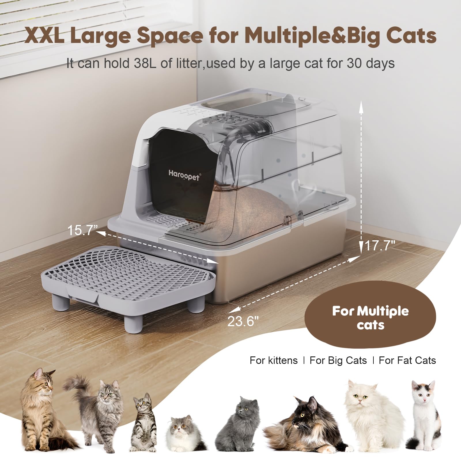 Haroopet Stainless Steel Litter Box With Lid,Xxl Extra Large Enclosed Metal Litter Box For Big Cat, Removable Front Entry Top Ex