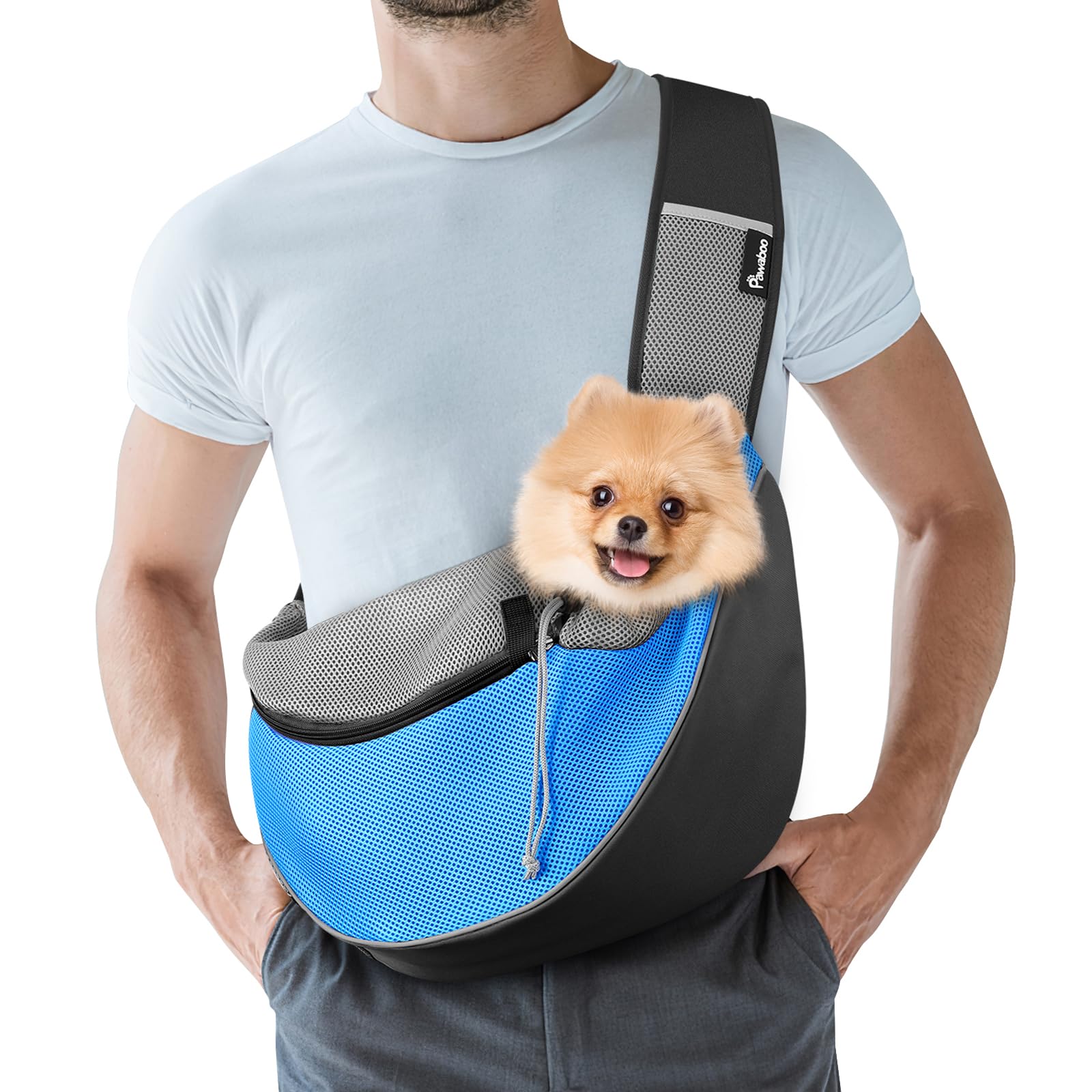 Pawaboo Pet Dog Sling Carrier, Hand Free Drawstring Dog Papoose With Adjustable Strap, Breathable Mesh Bag For Puppy Cat, Crossb
