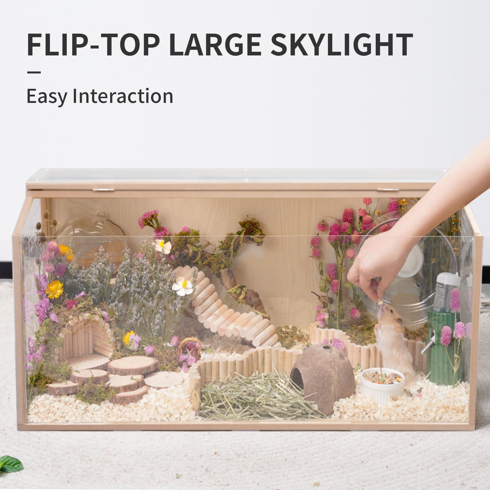 31.5 Inch Wooden Hamster Cage, Large Habitat, Openable Top, Transparent Acrylic For Interior View, Ventilated, Easy To Clean, Fo