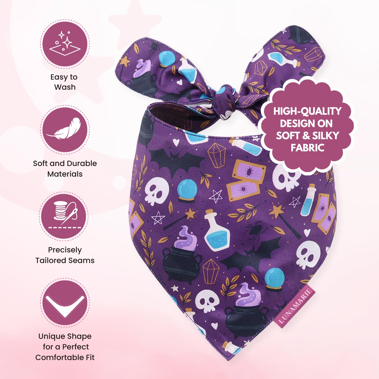LunaMarie - Luxury Dog Bandanas - Cute Witch Magic Design | Premium & Silky Fabric | 100% Handmade | Custom Shape Dual Layered R