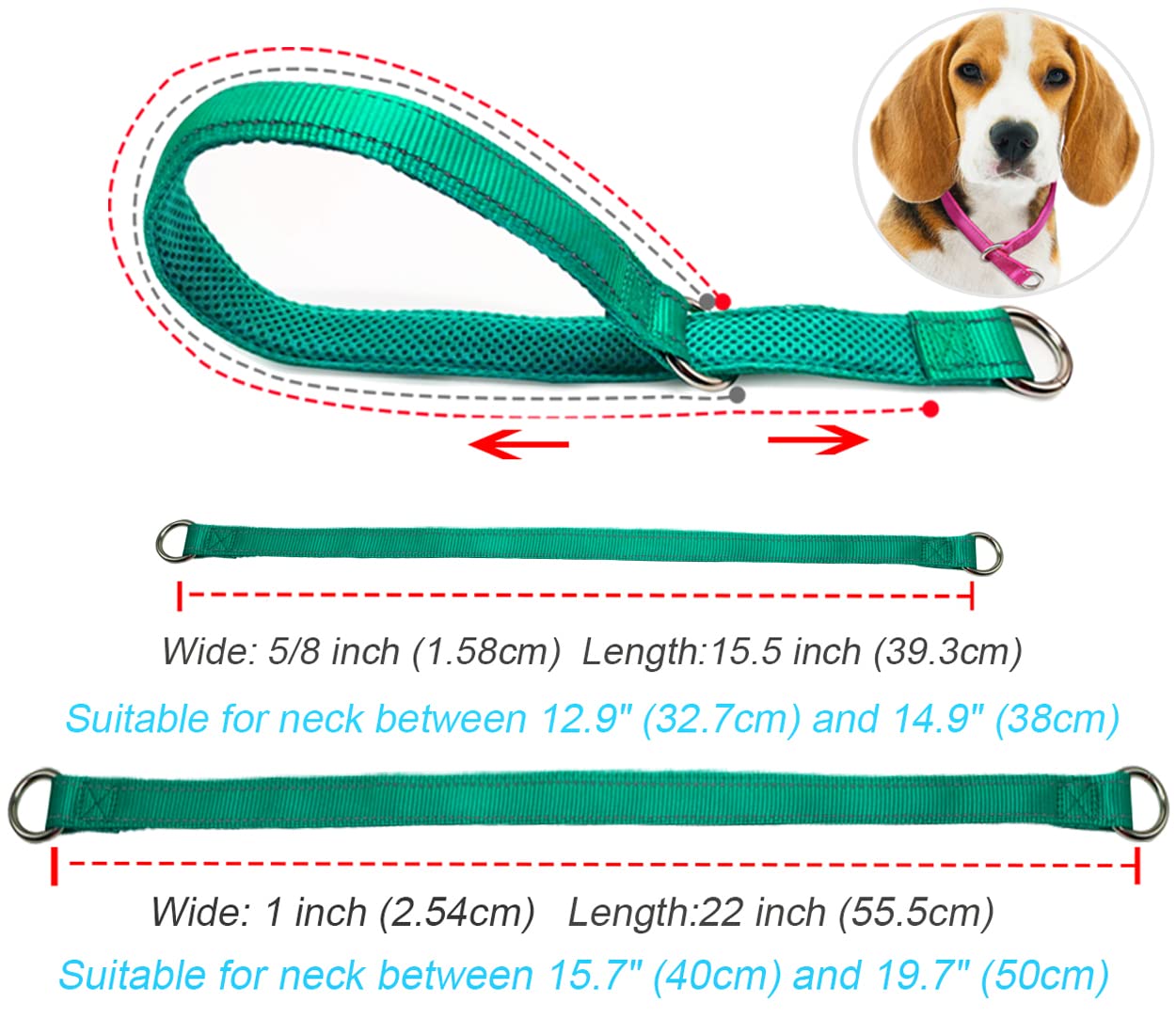 Mycicy Reflective Dog Choke Collar, Soft Nylon Training Slip Collar For Dogs (5/8' W X 15.5' L, Turquoise)