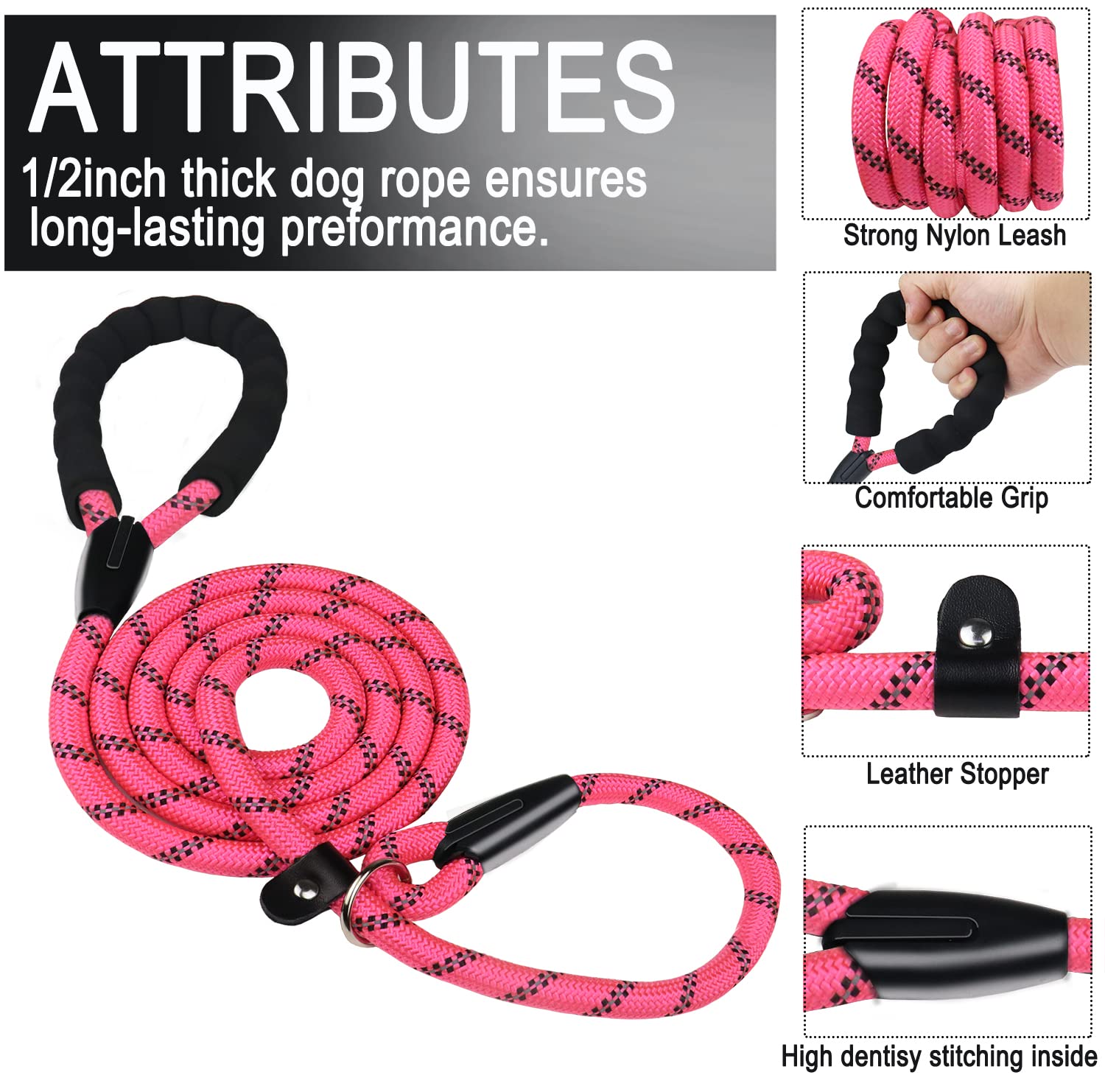 Durable Dog Leash, 6 Ft Strong Training Dog Leash With Comfortable Padded Handle And Highly Reflective Threads For Small Medium