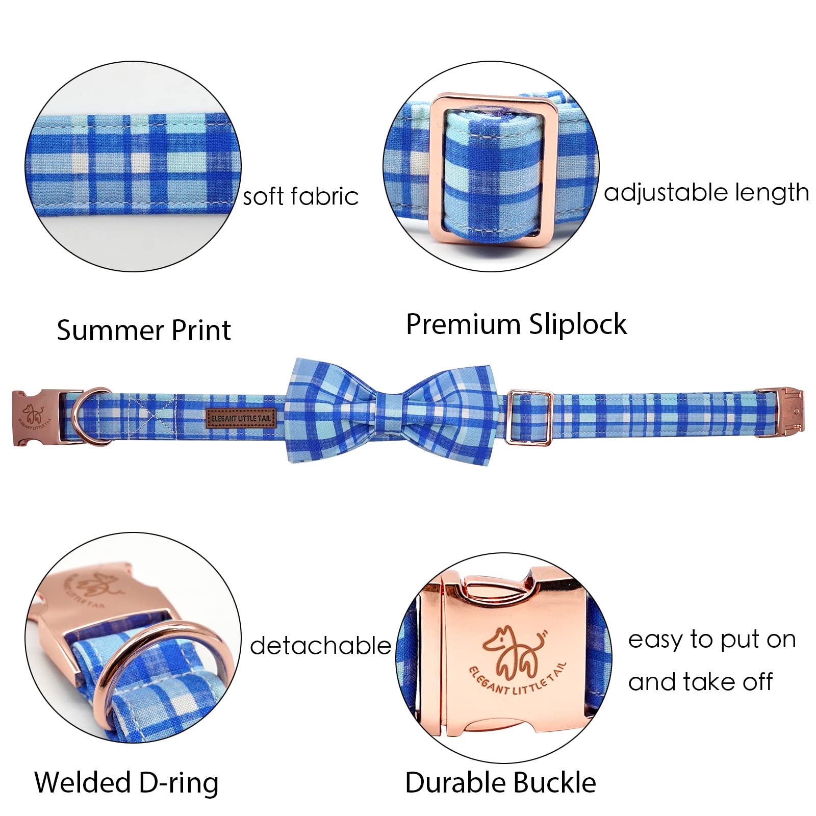 Elegant little tail Dog Collar with Bow - Blue Plaid Boy Dog Collar Cute Bowtie Pet Collar Adjustable Dog Collar for X-Small Pup