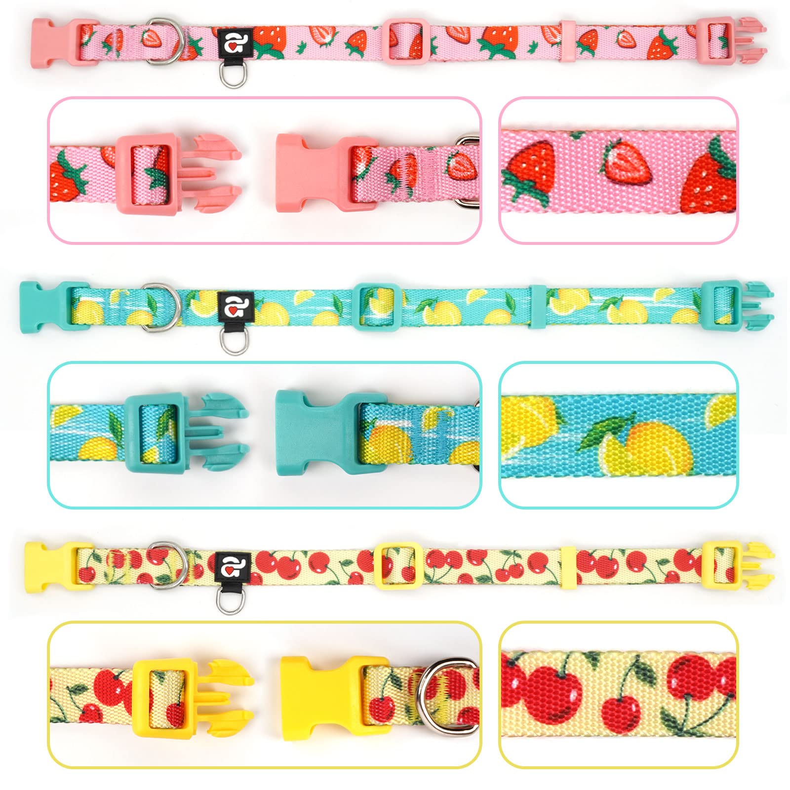 Azuza 3 Pack Fruit Design Dog Collars Comfortable And Adjustable Nylon Dog Collars For Medium Dogs, M (14-20Inch),Strawberry,Lem