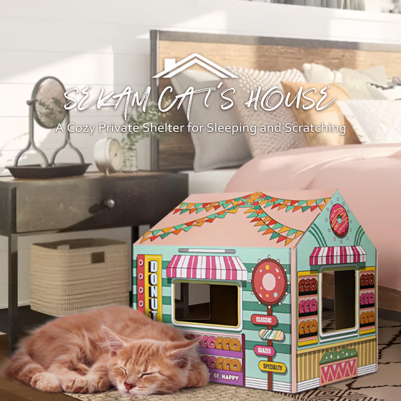 Sekam Cardboard Cat House With Scratcher/Catnip (16.5' X 12' X 15'), Donut Shop For Indoor/Outdoor, Cat Scratch Box & Home De
