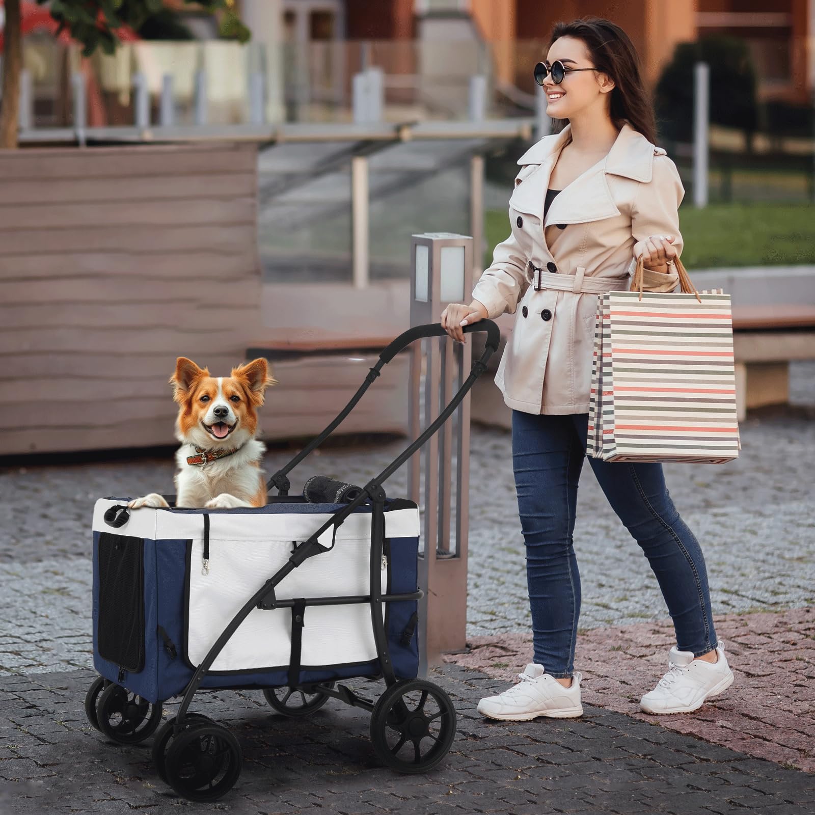 Monibloom Dog Cat Stroller For Dogs Cats, 4 Wheels Pet Stroller Jogger W/Detachable Carrier, Travel Strolling Cart, Soft Collaps
