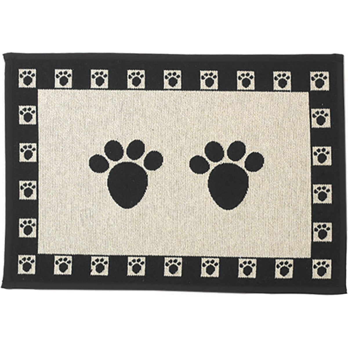 Petrageous 12049 Paws Jumbo Tapestry Dog And Cat Non-Skid Machine Washable Placemat For Pet Feeding Areas With Rubber Backing 18-Inch By 28-Inch For Dogs And Cats, Black And Natural