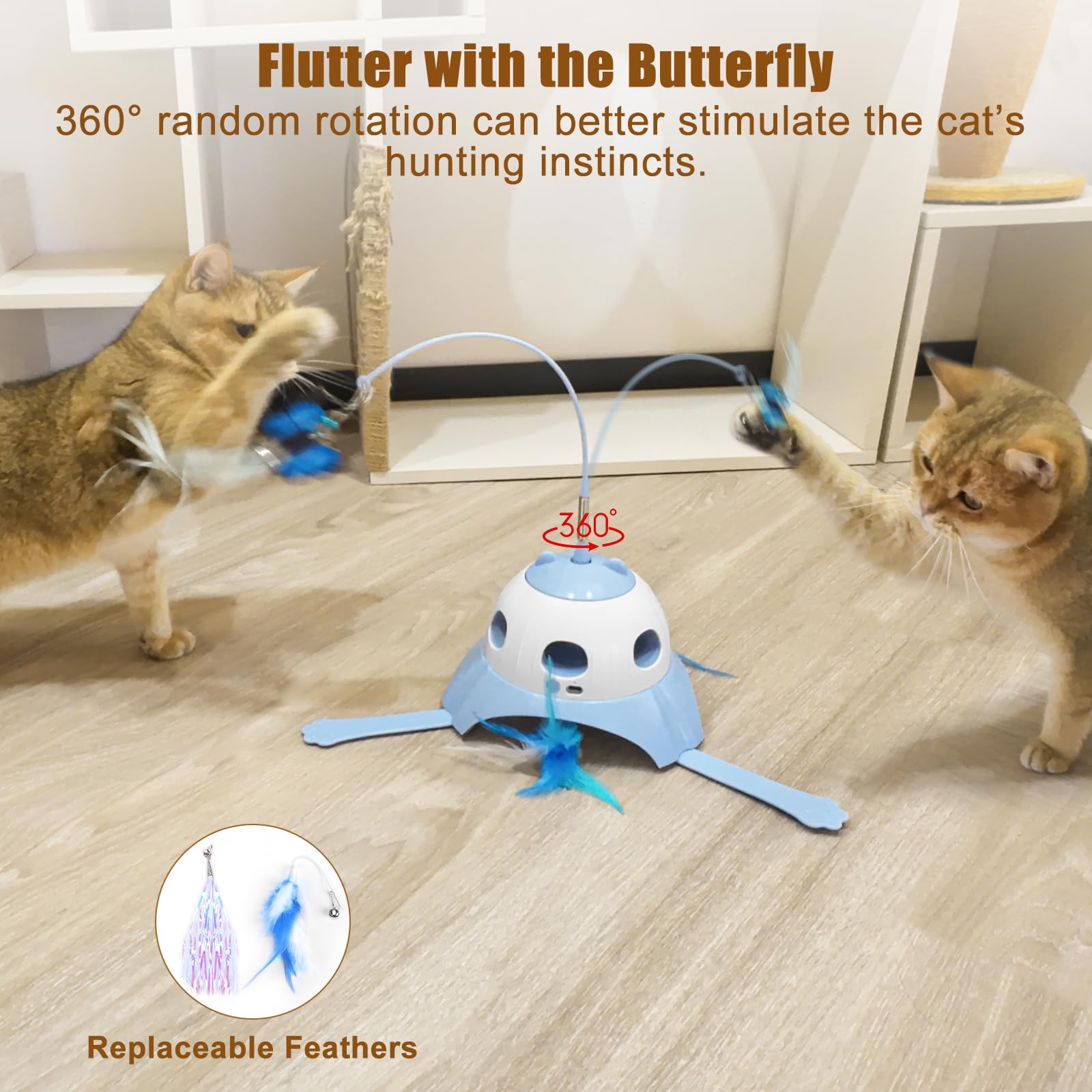 Aiperro 3-In-1 Automatic Cat Toys For Indoor Cats, Fluttering Butterfly, Whack A Mole, Rotating Feather Wand, Usb Rechargeable I