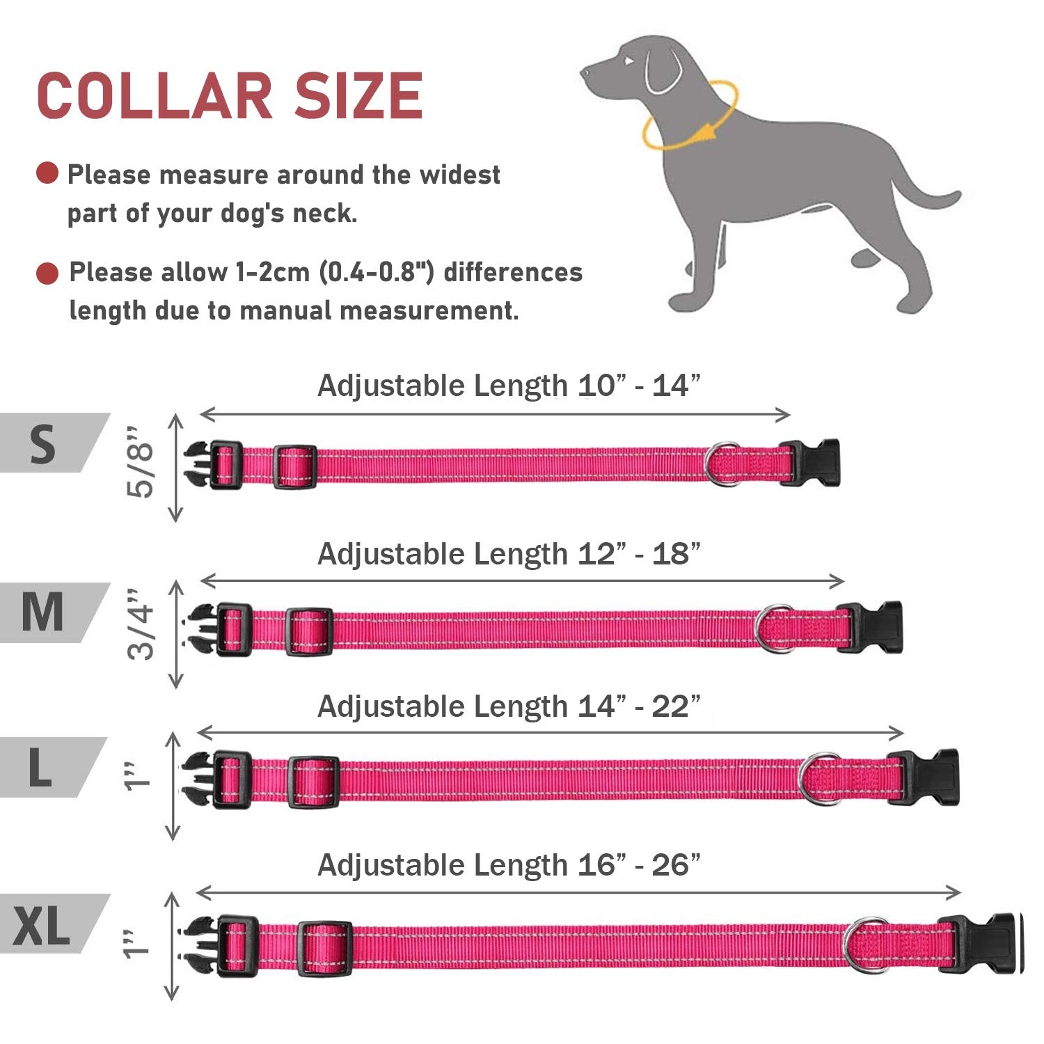 Reflective Dog Collar With Buckle Adjustable Safety Nylon Collars For Small Medium Large Dogs, Pink Xl