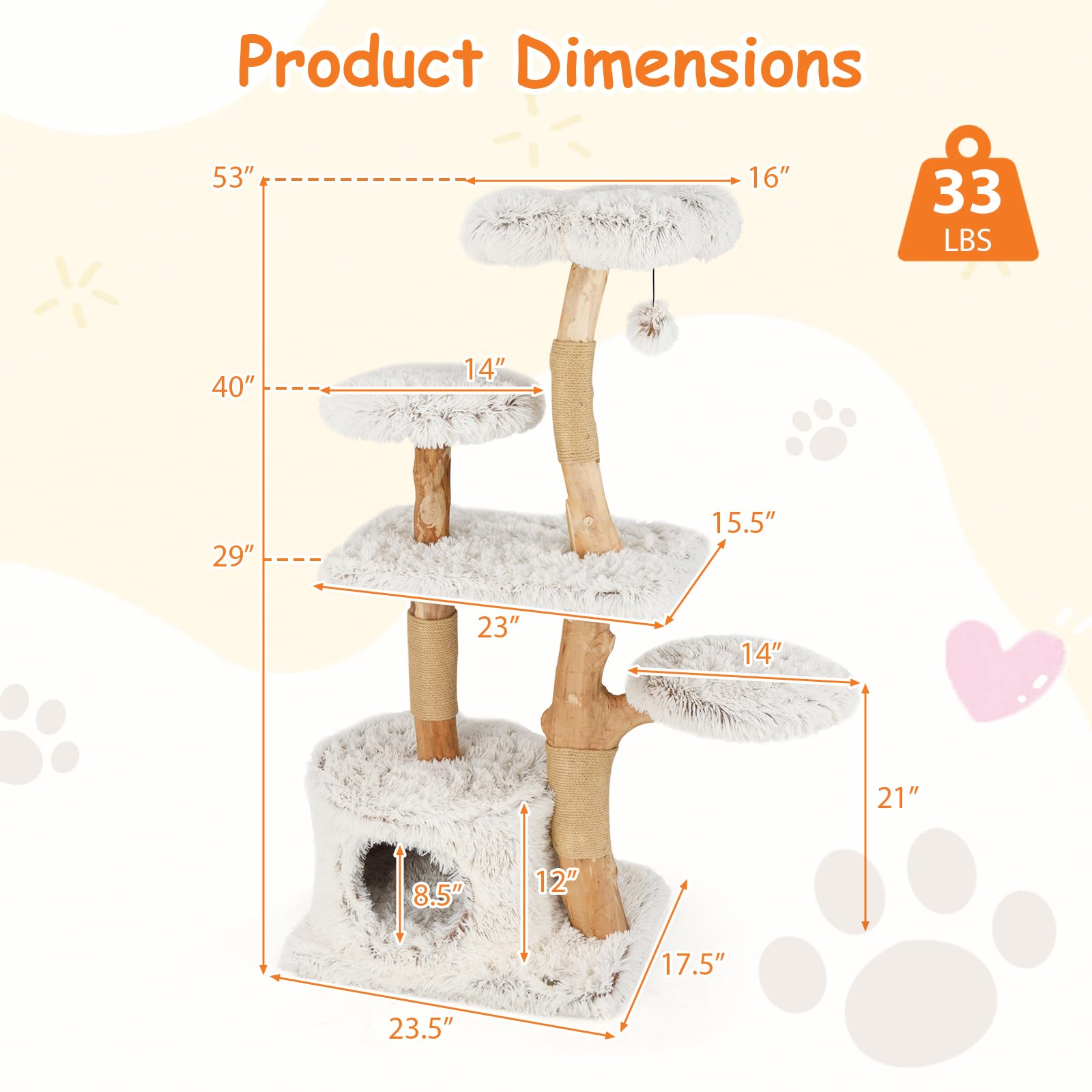 Tangkula Modern Cat Tree, 53 Inch Tall Natural Branch Wooden Cat Tower With Jute Scratching Posts, Plush Perch, Condo, Aesthetic