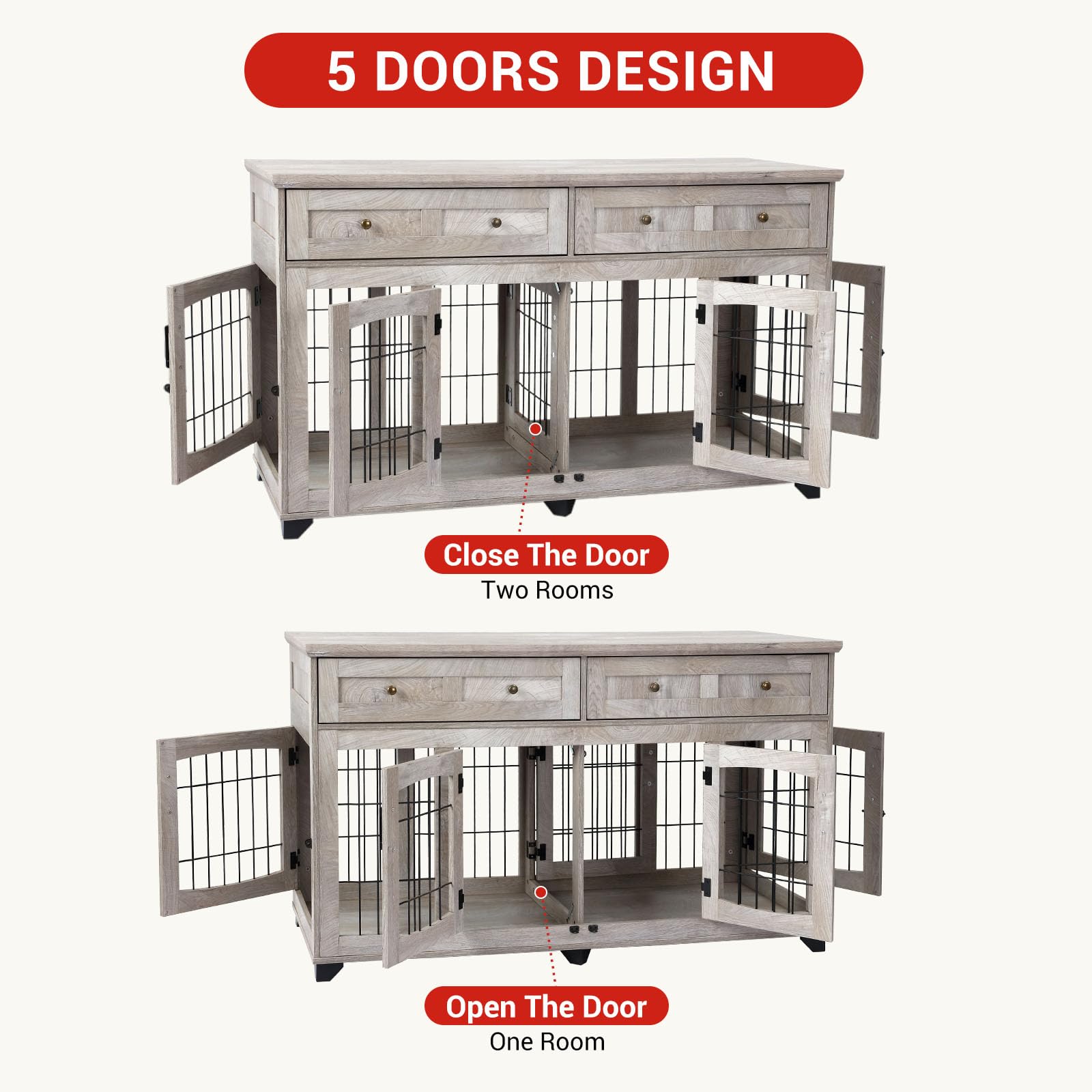 Dog Crate Furniture with 5 Doors, 58 Wooden Dog Kennel End Table with Large Capacity Drawers, Dog House with Openable Divider fo