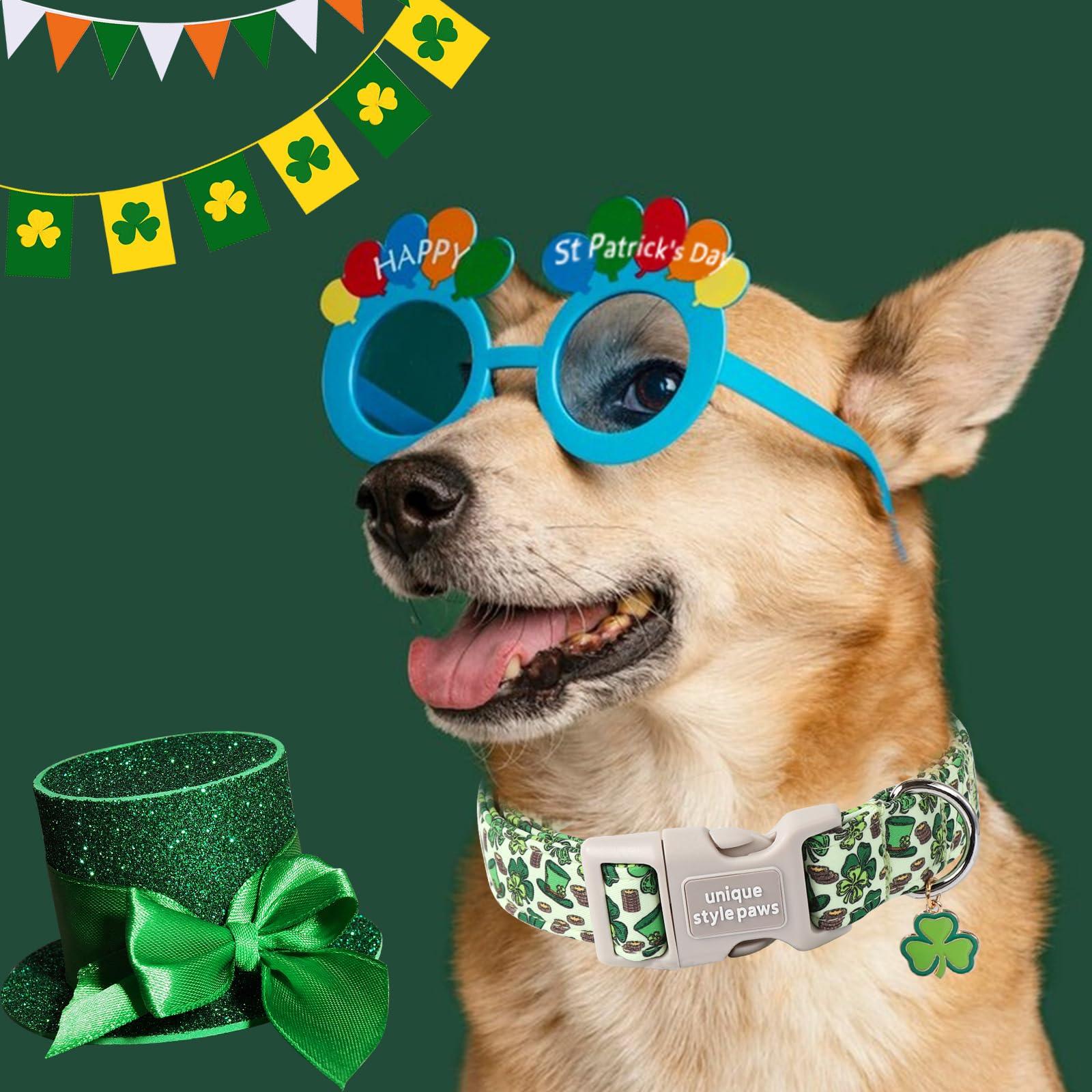 St. Patrick'S Unique Style Paws Green Trefoil Dog Collar - Shamrock Pet Collar, Adjustable Cotton With Quick Release Plastic Buc