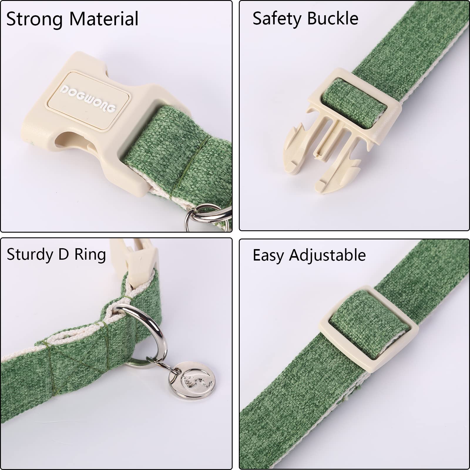 Dogwong Cotton Hemp Dog Collar - Heavy-Duty Green Adjustable Soft Natural Fabric Pet Collar, Cute Wedding Puppy Necklace For Sma